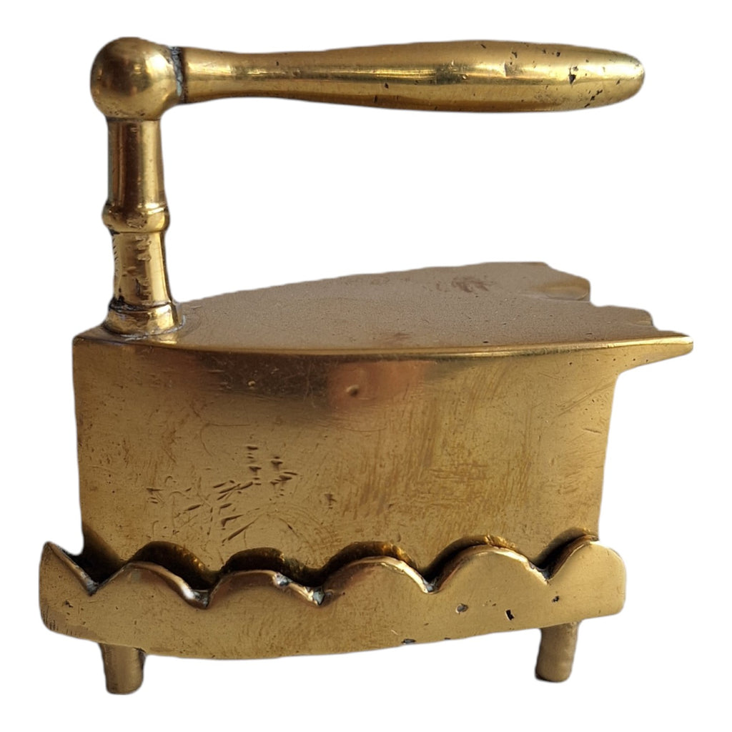 Miniature vintage brass iron with trivet solid brass collar iron