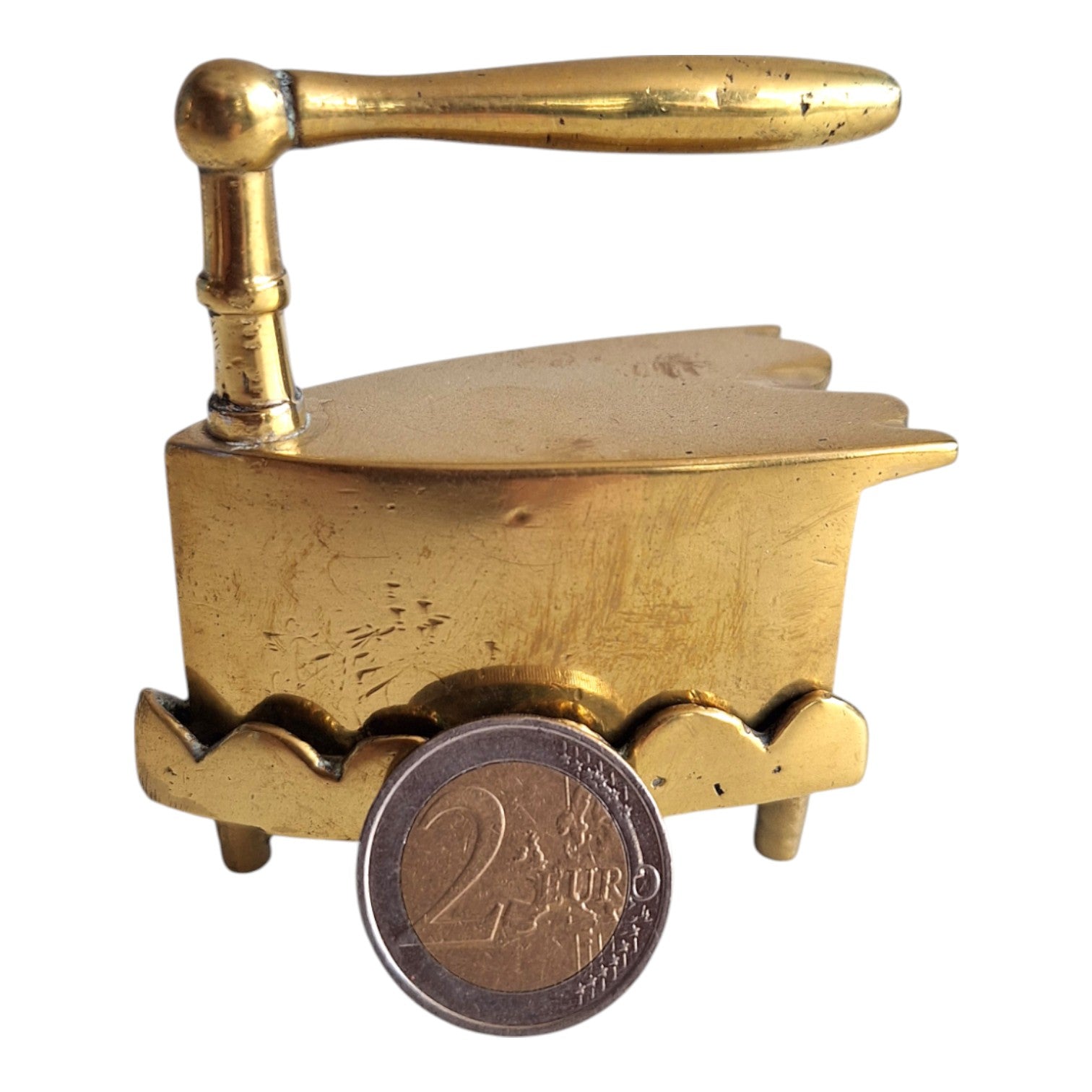 Miniatur Vintage Kupferbügeleisen mit Untersetzer massives Messing Kragenbügeleisen