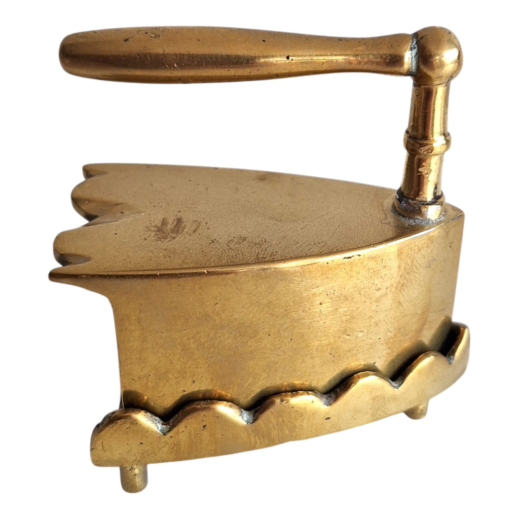 Miniature vintage brass iron with trivet solid brass collar iron