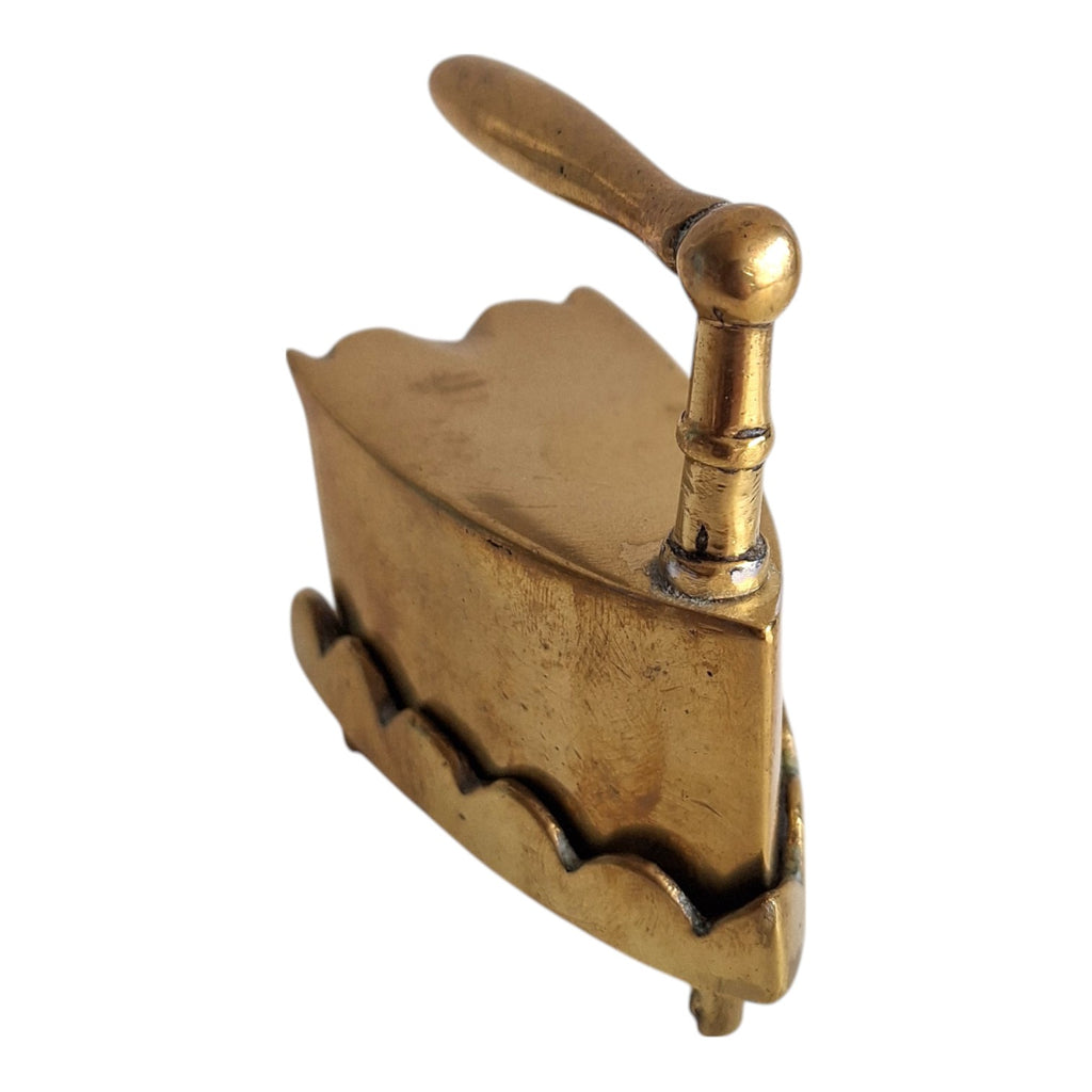 Miniature vintage brass iron with trivet solid brass collar iron