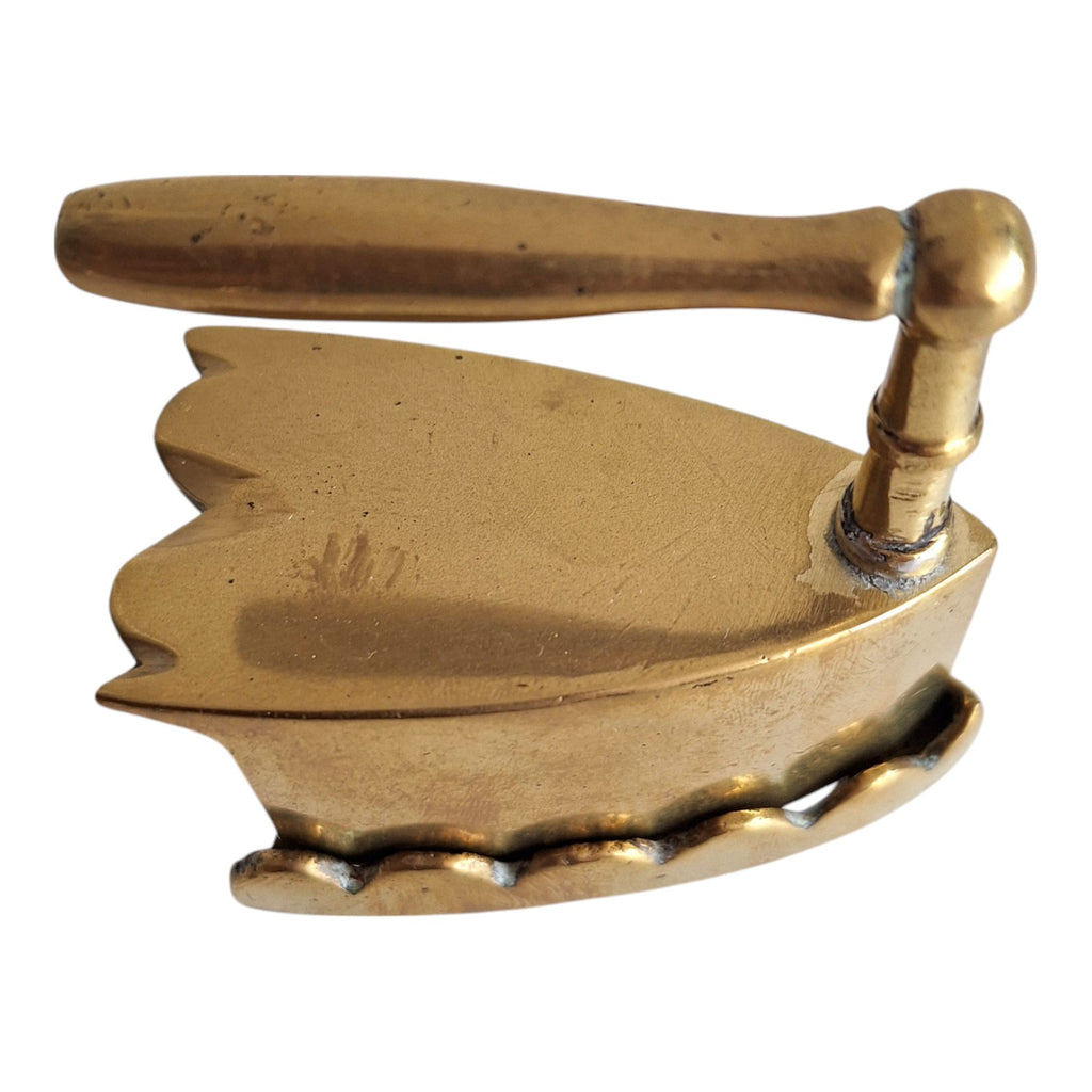 Miniature vintage brass iron with trivet solid brass collar iron