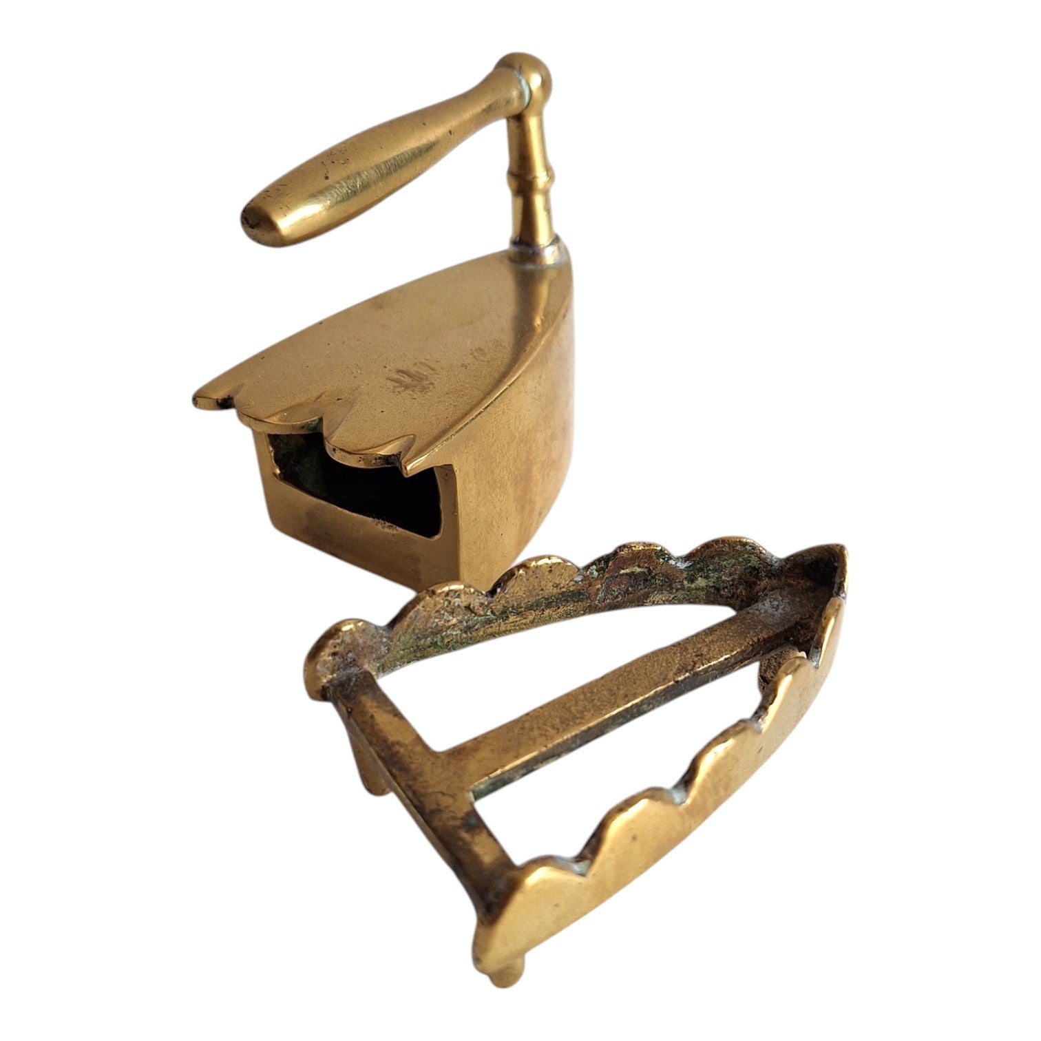Miniature vintage brass iron with trivet solid brass collar iron