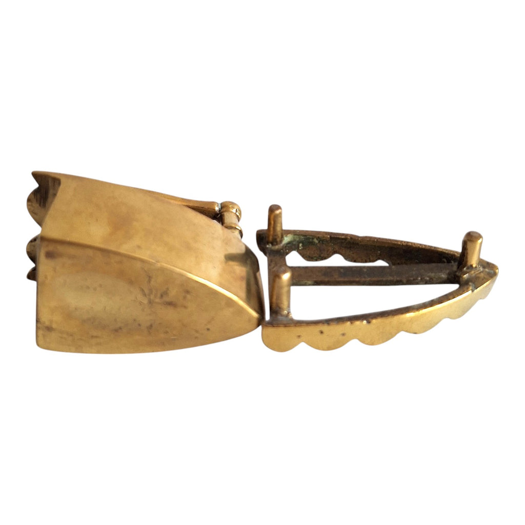 Miniature vintage brass iron with trivet solid brass collar iron