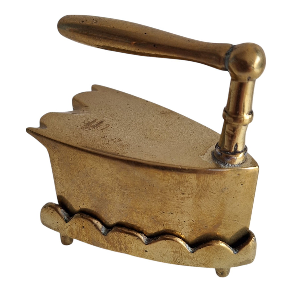 Miniature vintage brass iron with trivet solid brass collar iron