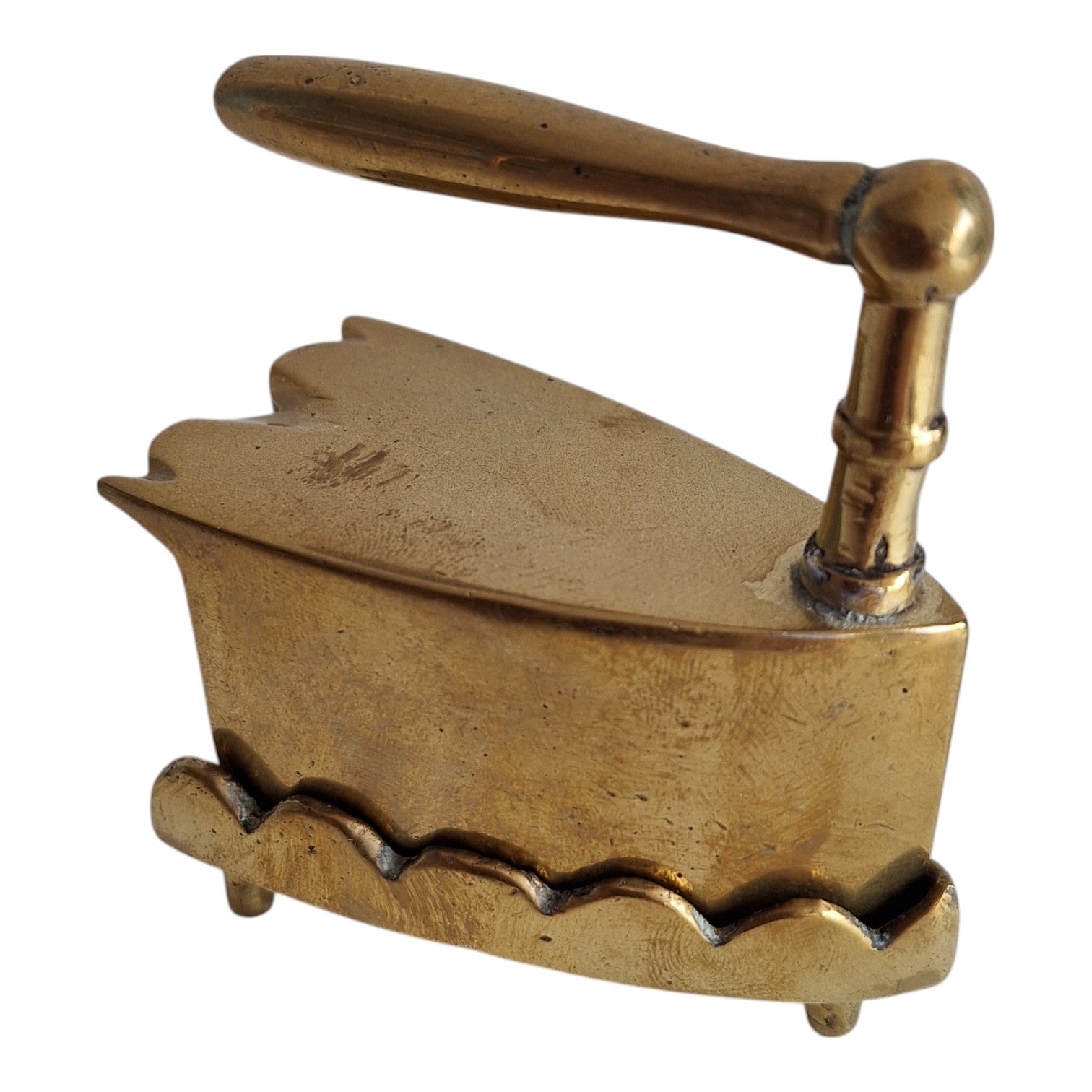 Miniature vintage brass iron with trivet solid brass collar iron