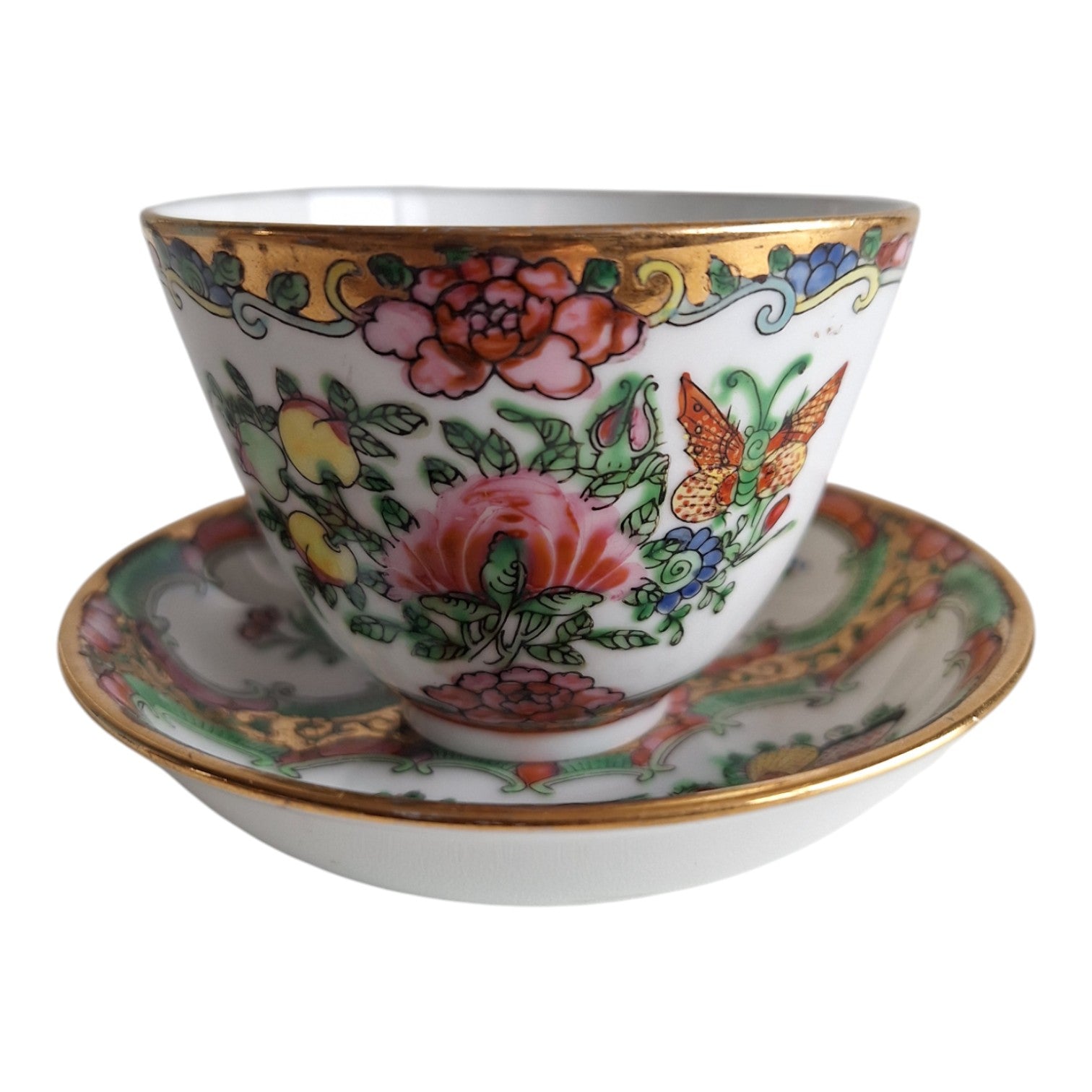 Chinesische kantonesische Tasse und Untertasse mit Blumenmotiven & Schmetterlingen – 1960er Jahre