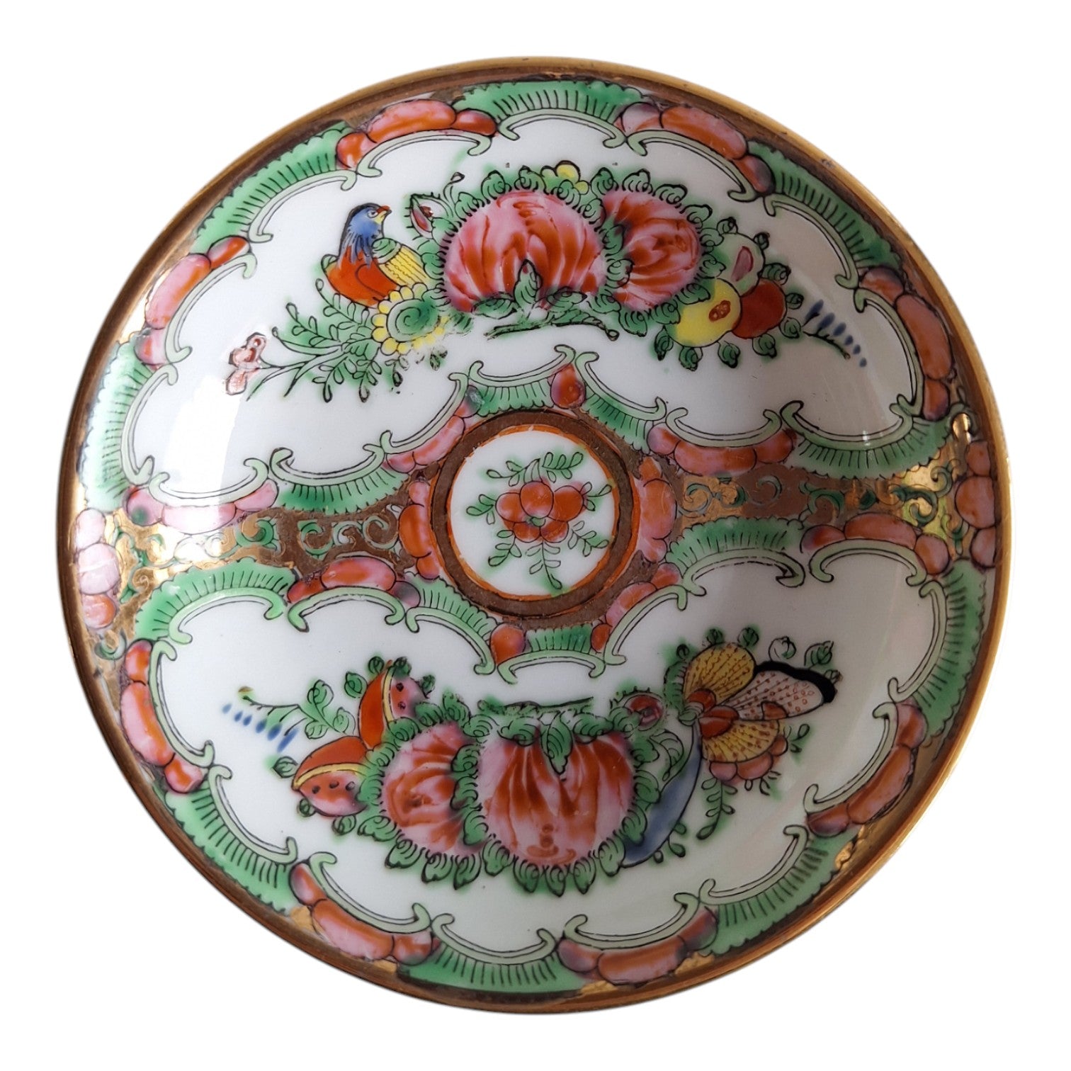 Chinesische kantonesische Tasse und Untertasse mit Blumenmotiven & Schmetterlingen – 1960er Jahre