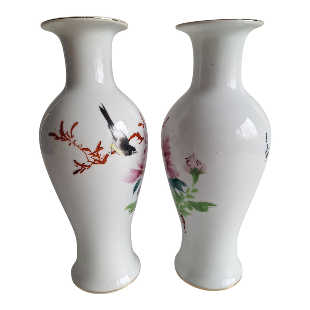 Set chinesischer Vasen mit Naturdekoration & Schriftzeichen – Gemarkt, 70er Jahre