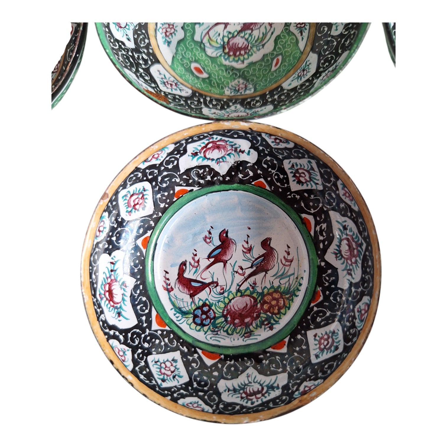 Satz von 7 handbemalten Schalen aus Emaille auf Kupfer – China, ca. 1920–1940