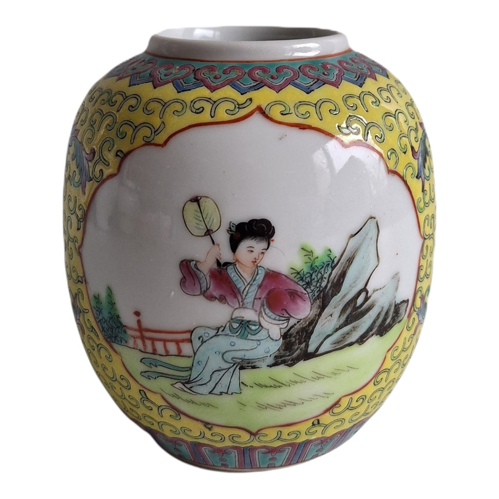 Chinesischer Ingwertopf im Kanton-Stil – Handbemalt, gelber Untergrund, ca. 1930-1940