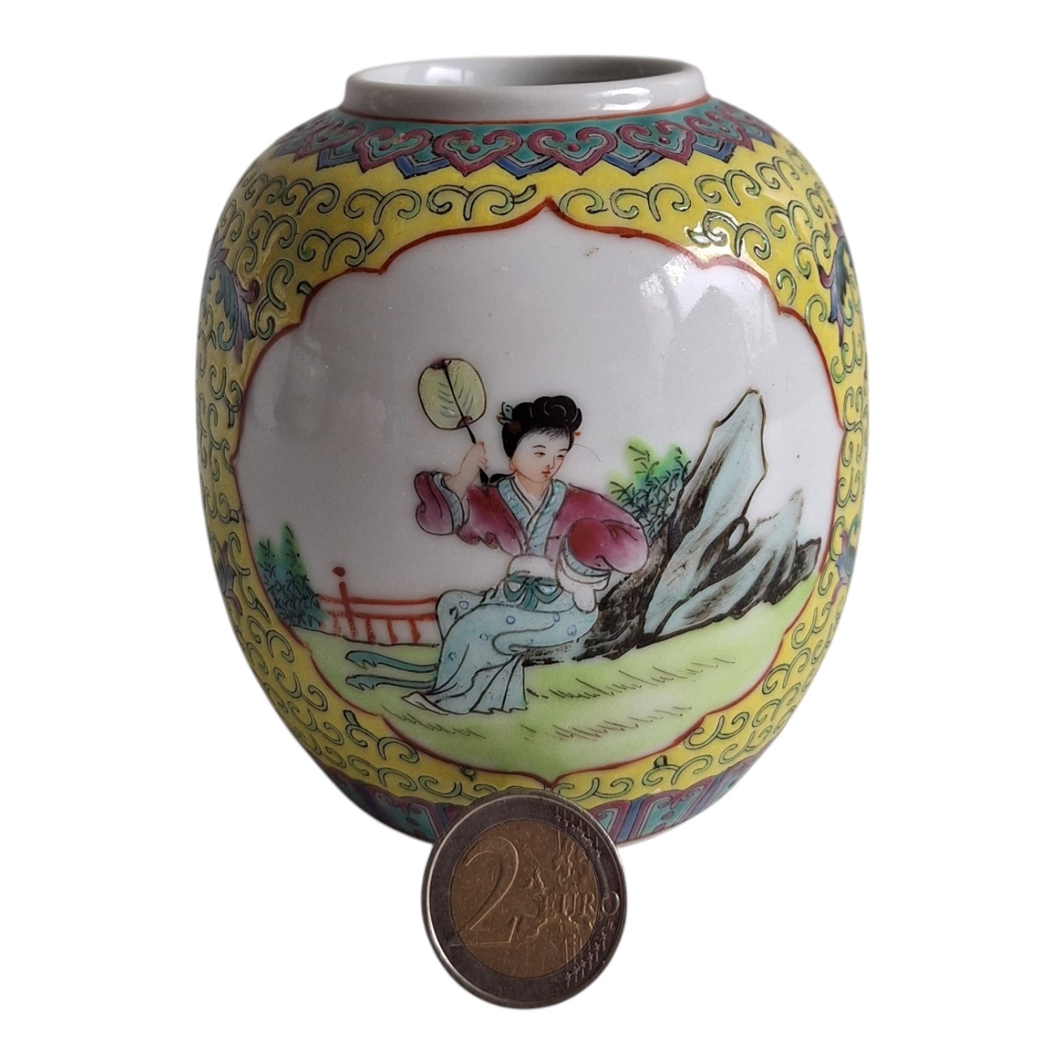 Chinesischer Ingwertopf im Kanton-Stil – Handbemalt, gelber Untergrund, ca. 1930-1940