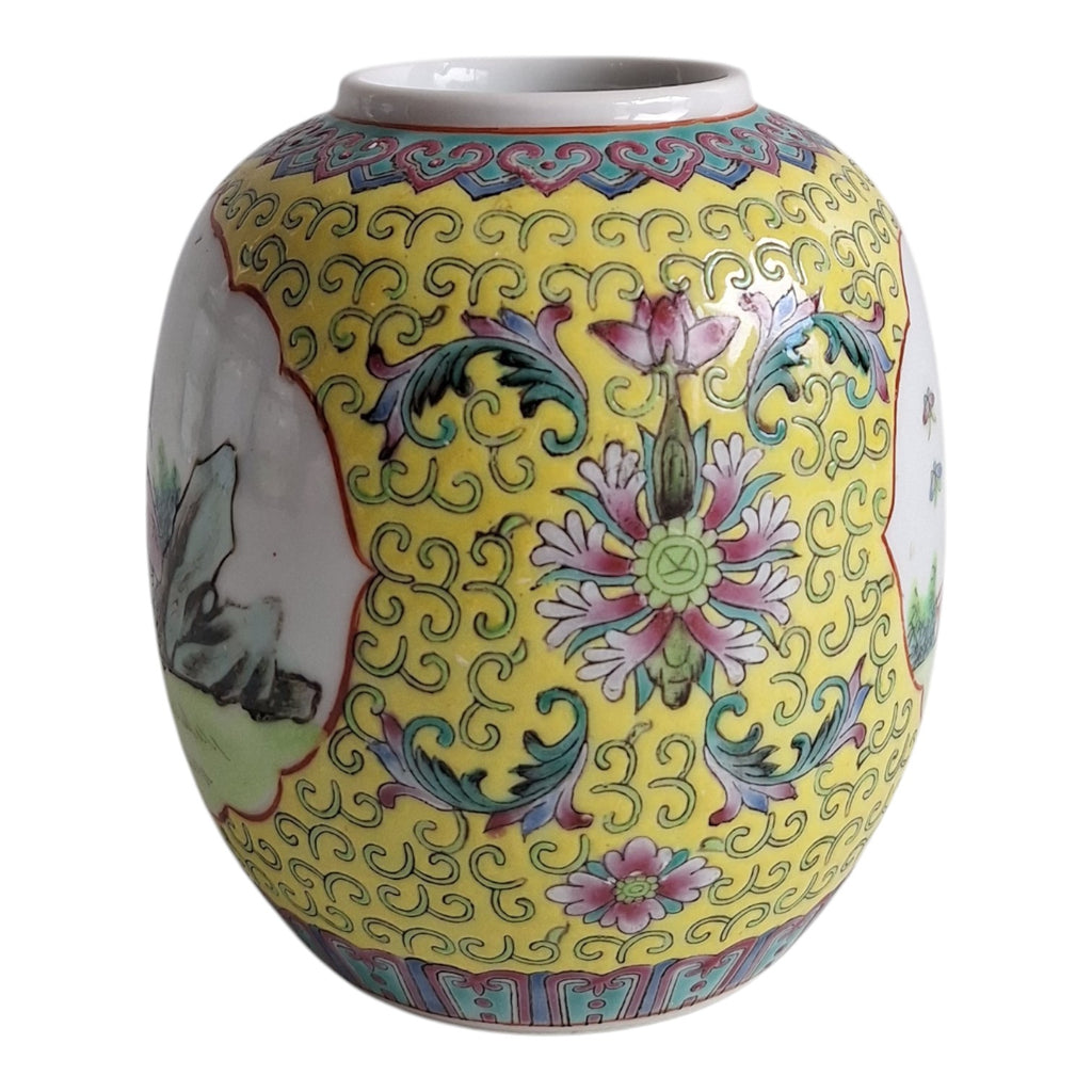Chinesischer Ingwertopf im Kanton-Stil – Handbemalt, gelber Untergrund, ca. 1930-1940