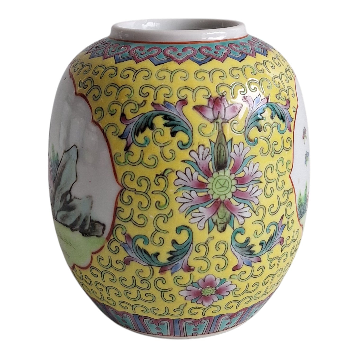 Chinesischer Ingwertopf im Kanton-Stil – Handbemalt, gelber Untergrund, ca. 1930-1940