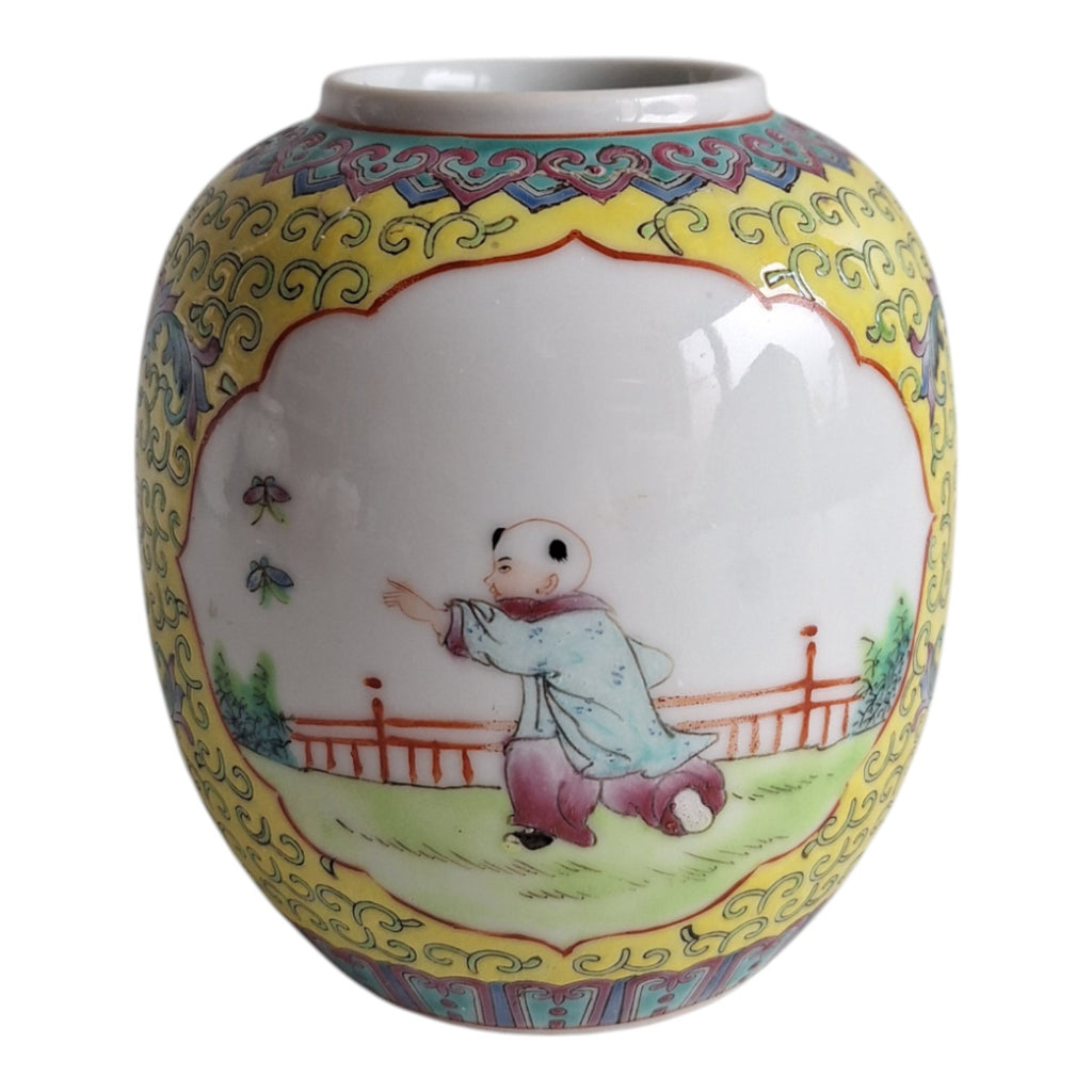 Chinesischer Ingwertopf im Kanton-Stil – Handbemalt, gelber Untergrund, ca. 1930-1940
