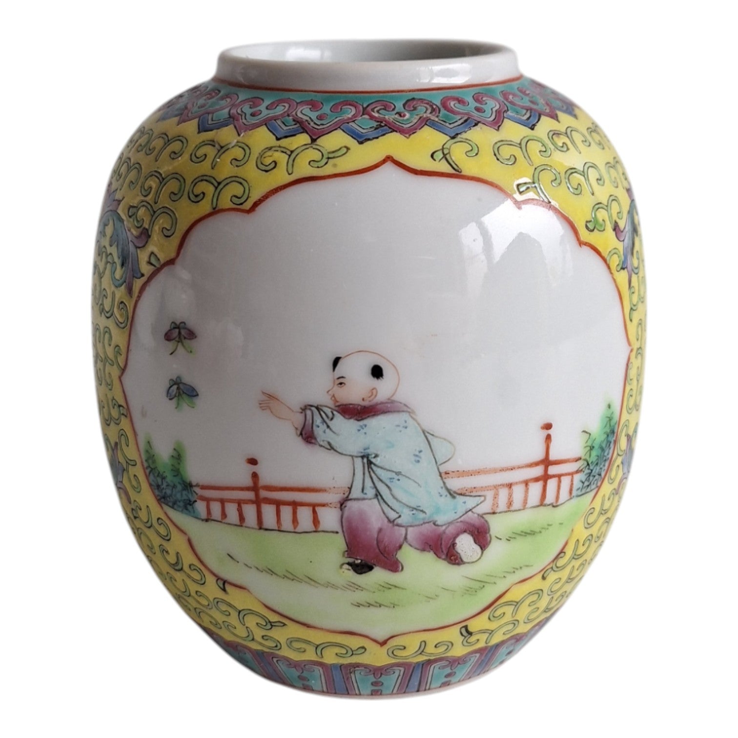 Chinesischer Ingwertopf im Kanton-Stil – Handbemalt, gelber Untergrund, ca. 1930-1940