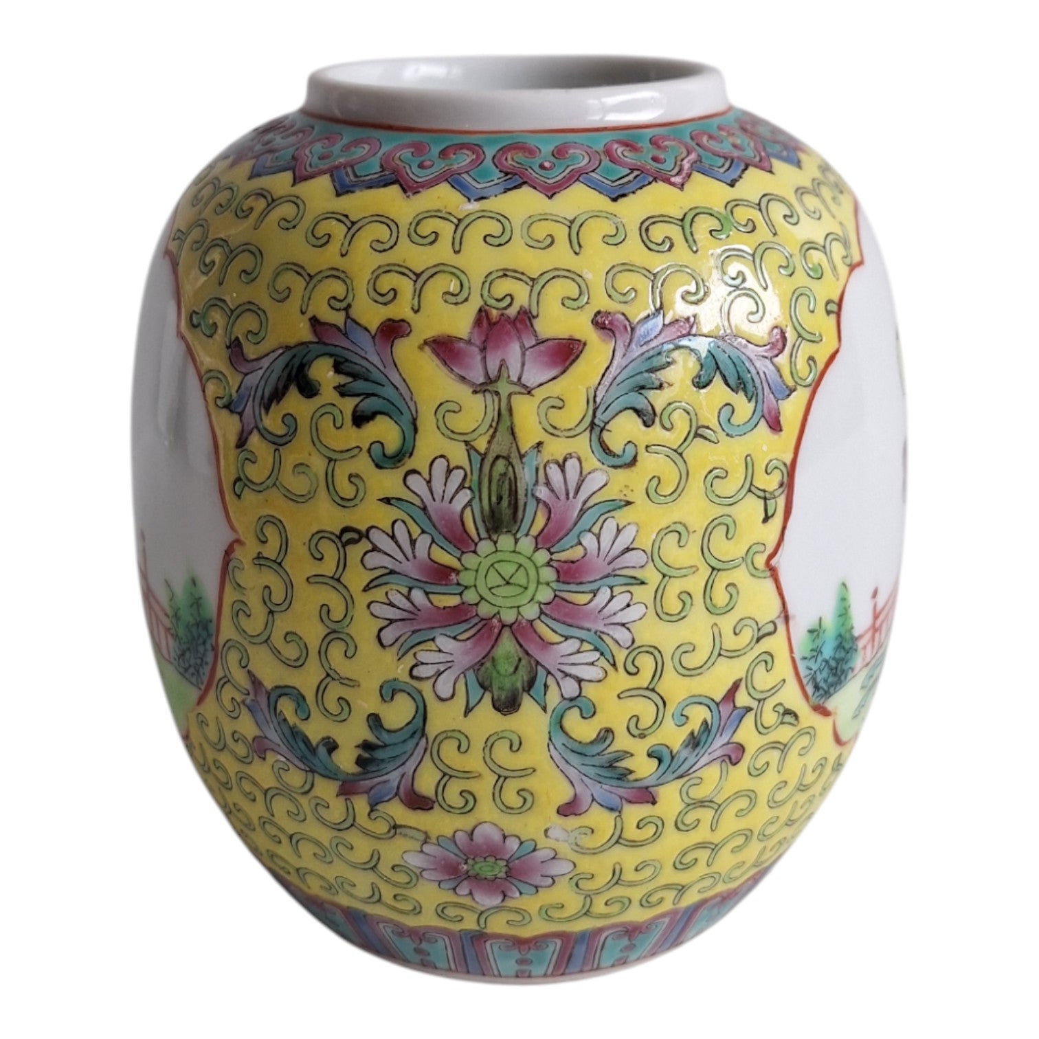 Chinesischer Ingwertopf im Kanton-Stil – Handbemalt, gelber Untergrund, ca. 1930-1940