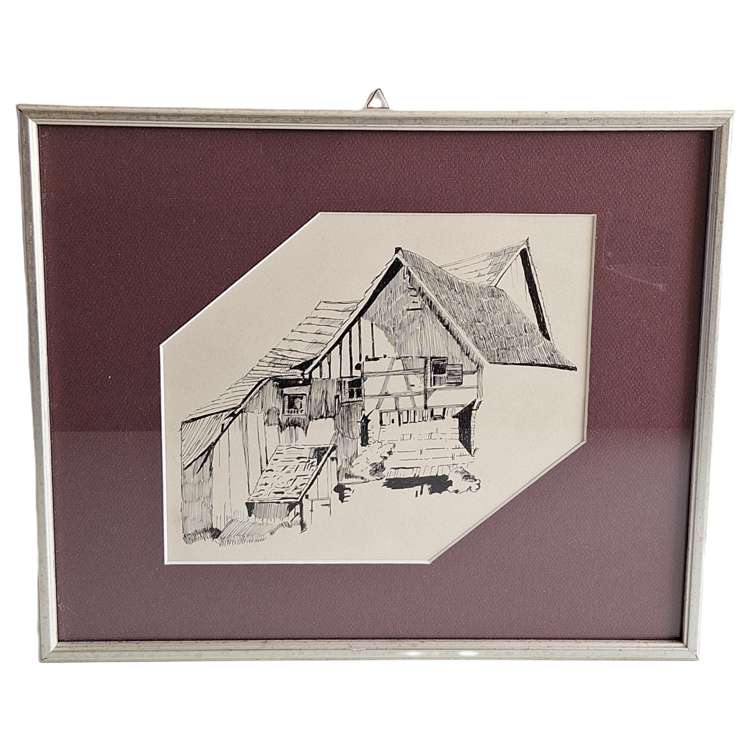 Inkttekening Ingelijst - Vakwerkboerderij Architectuur Zwart-Wit