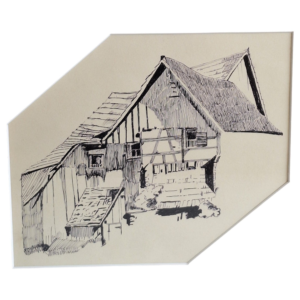 Inkttekening Ingelijst - Vakwerkboerderij Architectuur Zwart-Wit