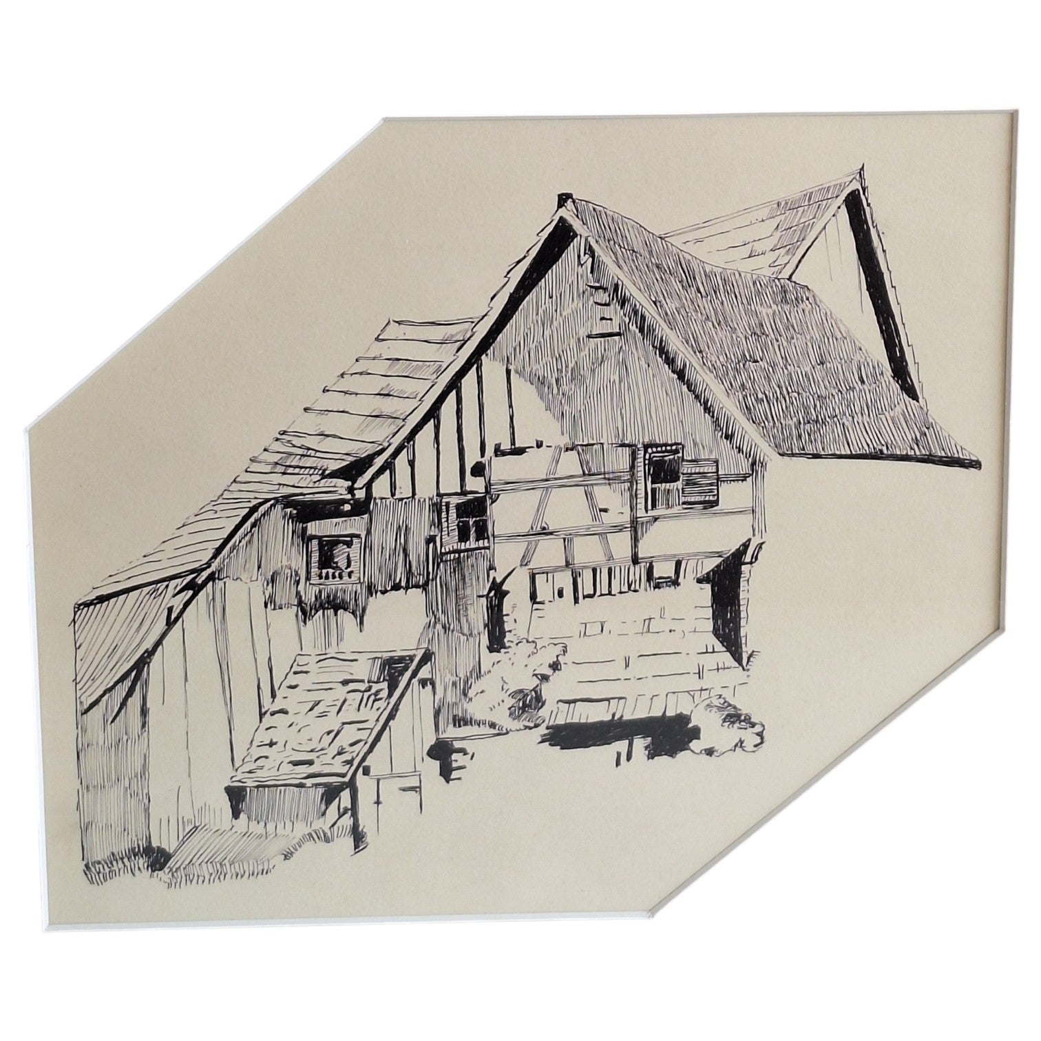 Inkttekening Ingelijst - Vakwerkboerderij Architectuur Zwart-Wit
