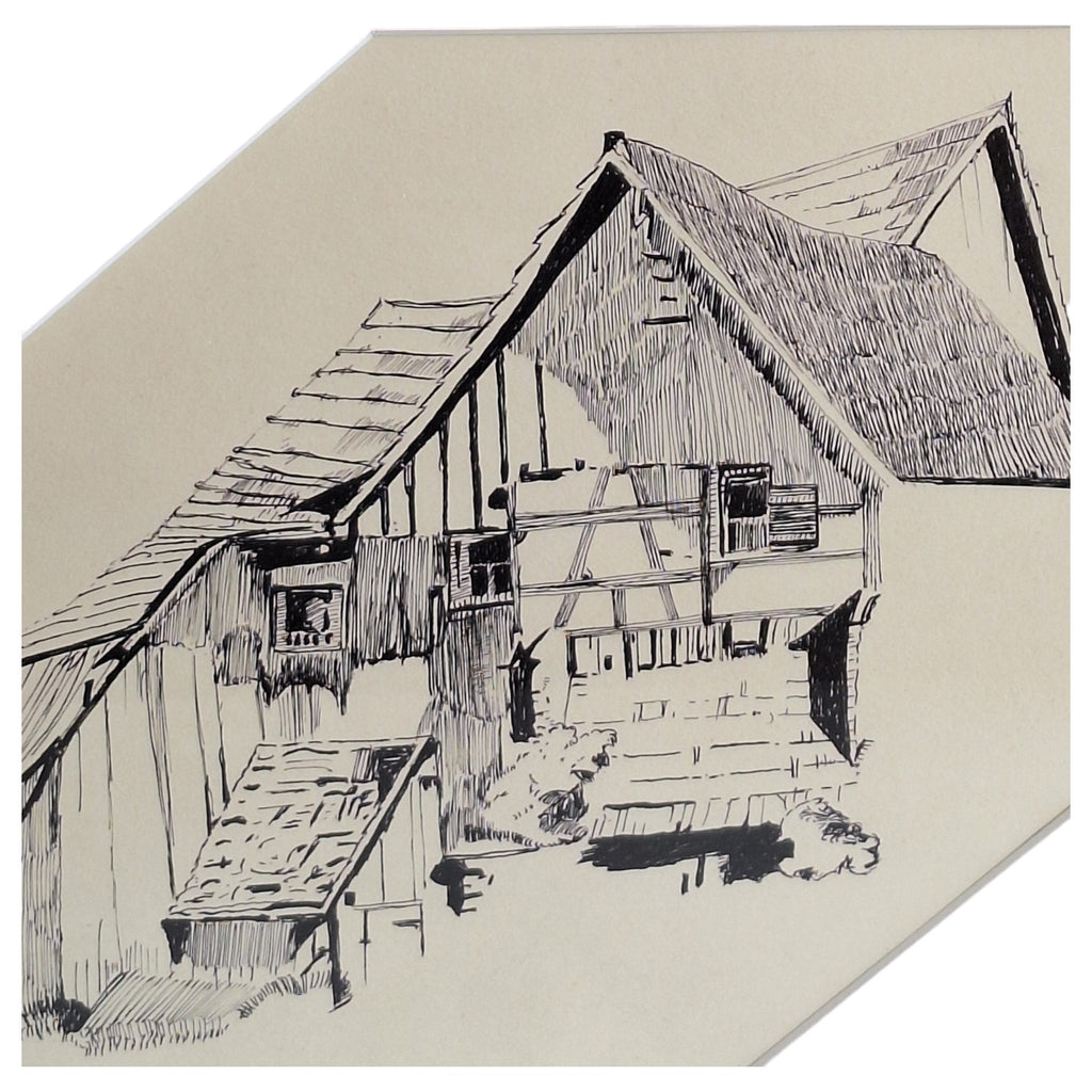 Inkttekening Ingelijst - Vakwerkboerderij Architectuur Zwart-Wit