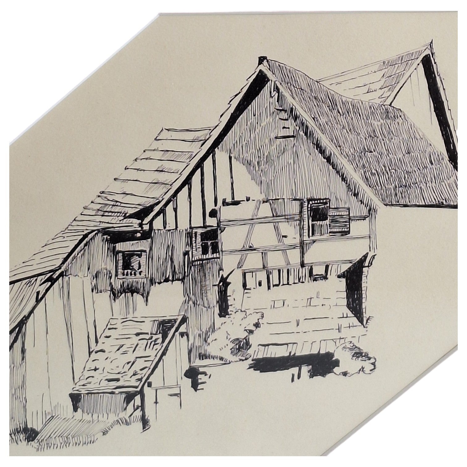 Inkttekening Ingelijst - Vakwerkboerderij Architectuur Zwart-Wit