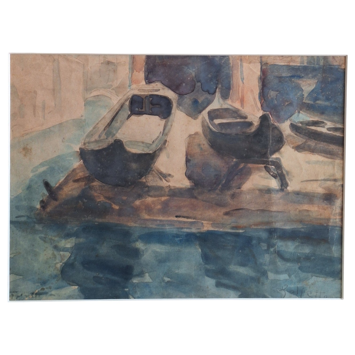 Aquarel Ingelijst - Lucillo Golfetto Venetiaans Kanaal met Gondels 1928