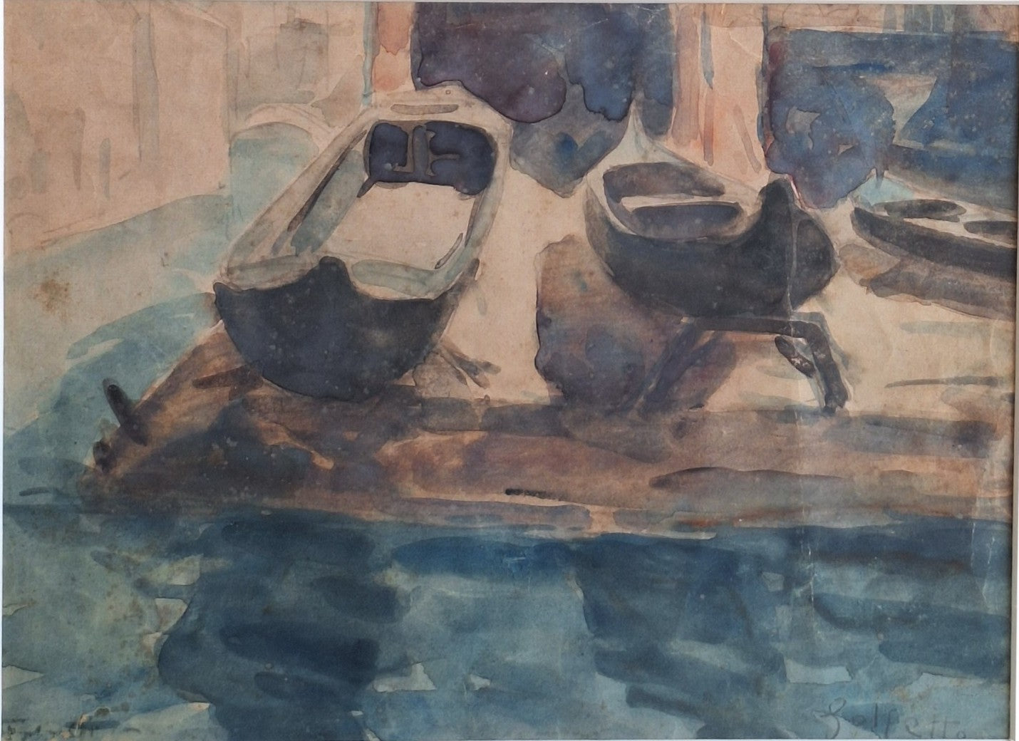 Aquarel Ingelijst - Lucillo Golfetto Venetiaans Kanaal met Gondels 1928