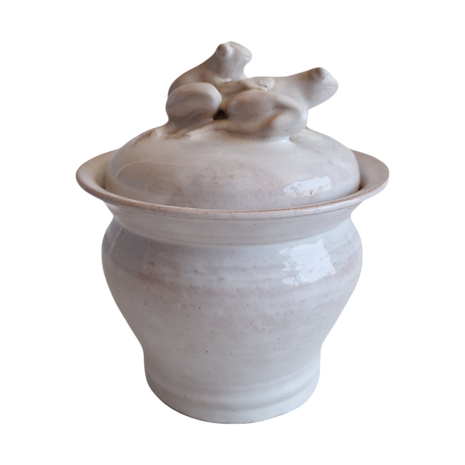 Signed Ceramic Pot with Frog Figures | Studio Pottery | 14 cm
