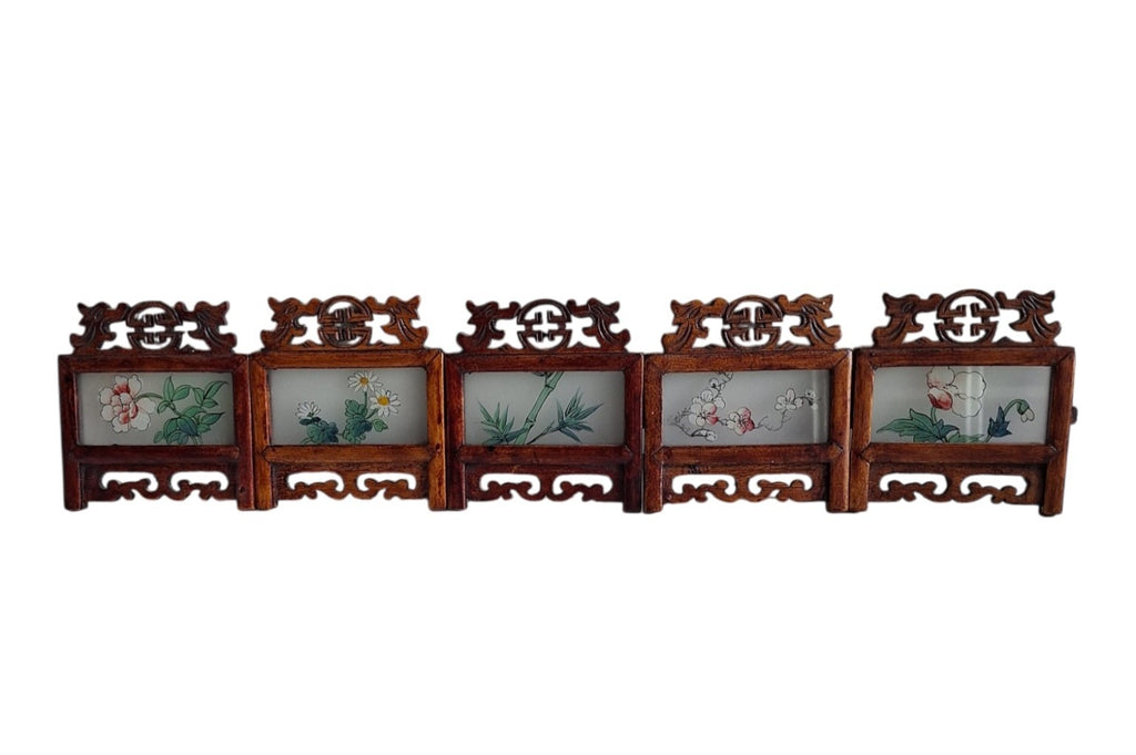 Set aus 5 japanischen Miniaturschirmen aus Holz mit Hinterglasmalerei
