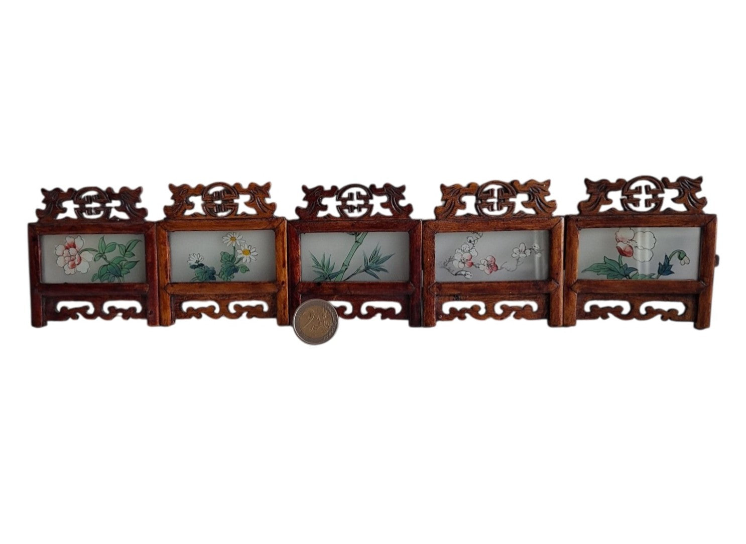 Set aus 5 japanischen Miniaturschirmen aus Holz mit Hinterglasmalerei