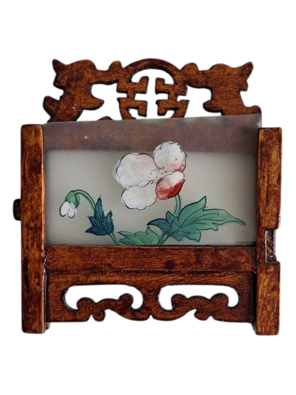 Set aus 5 japanischen Miniaturschirmen aus Holz mit Hinterglasmalerei