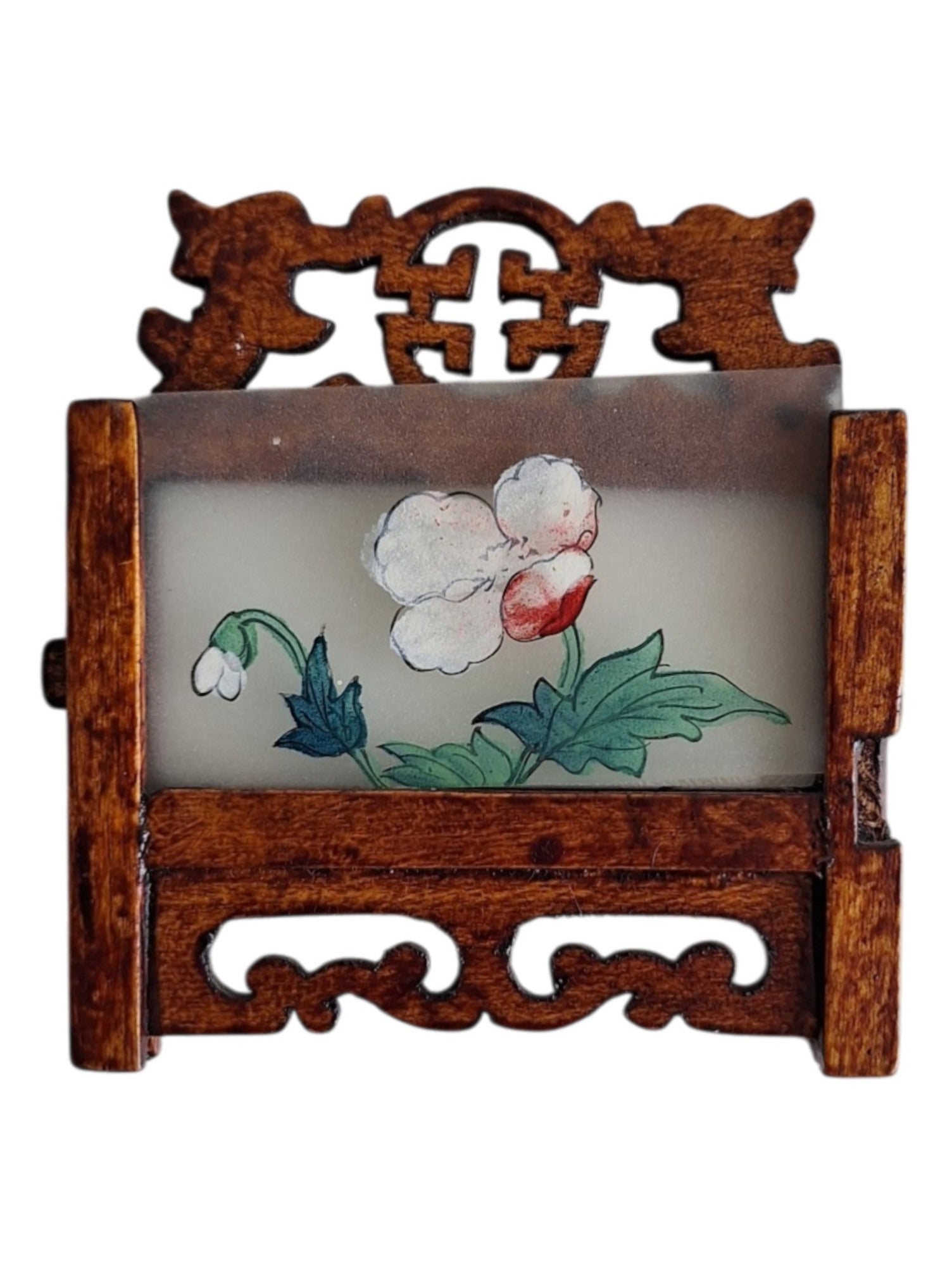 Set aus 5 japanischen Miniaturschirmen aus Holz mit Hinterglasmalerei