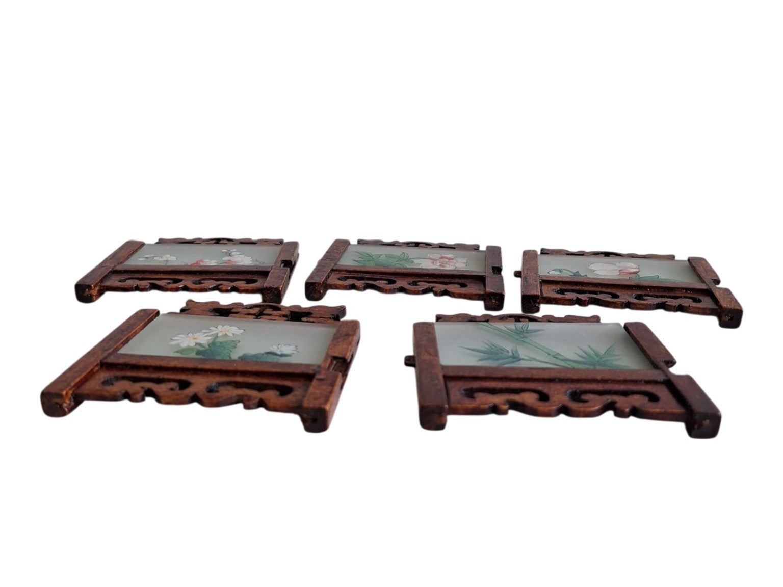 Set aus 5 japanischen Miniaturschirmen aus Holz mit Hinterglasmalerei