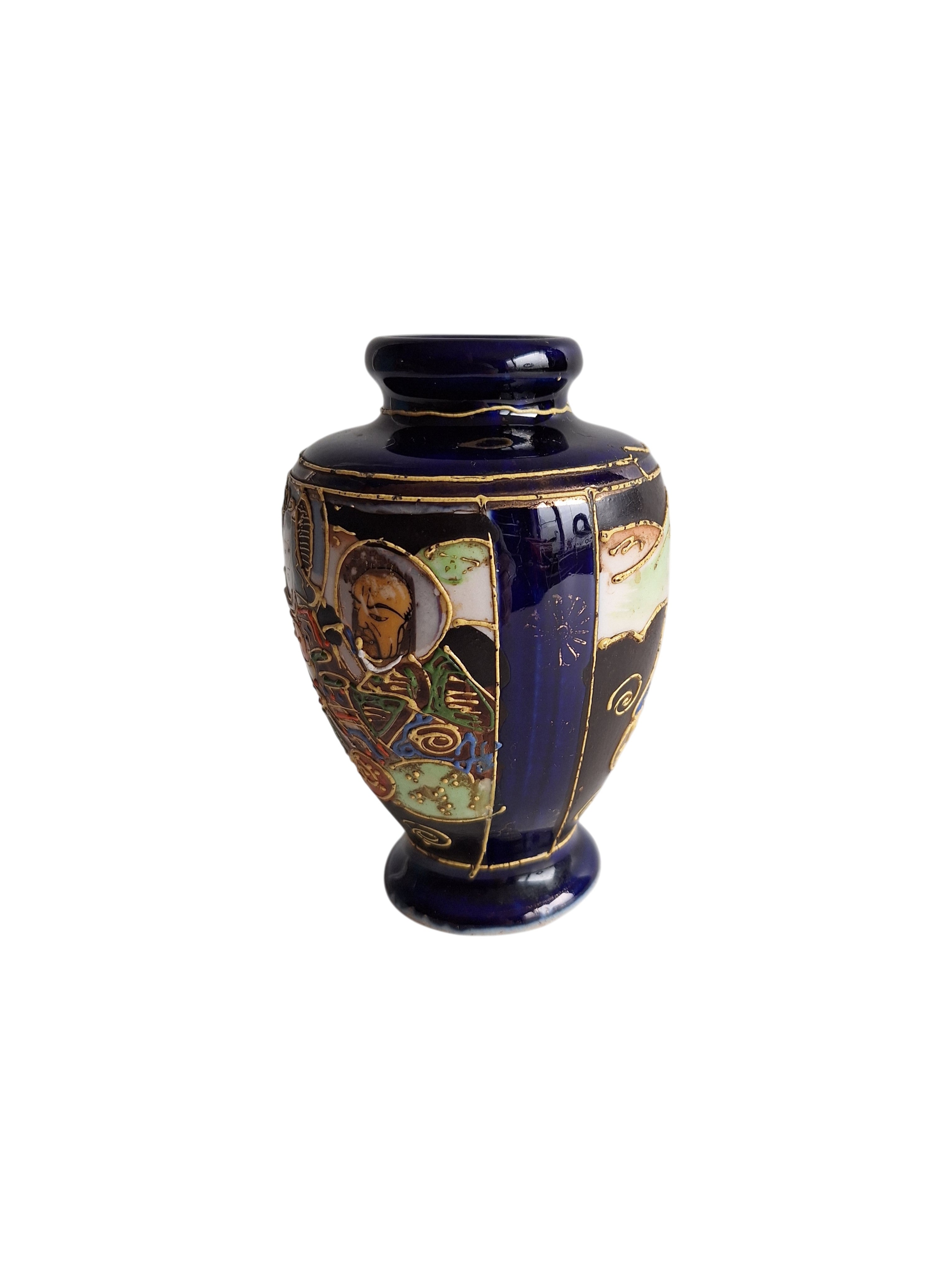 Japanese Satsuma Vase with Dark Blue Glaze & Gold Accents – Meiji Period