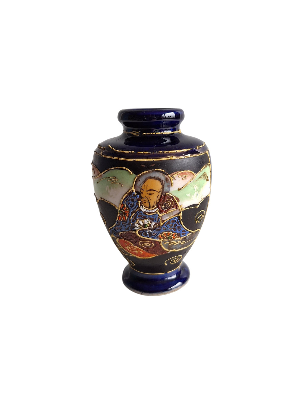 Japanese Satsuma Vase with Dark Blue Glaze & Gold Accents – Meiji Period