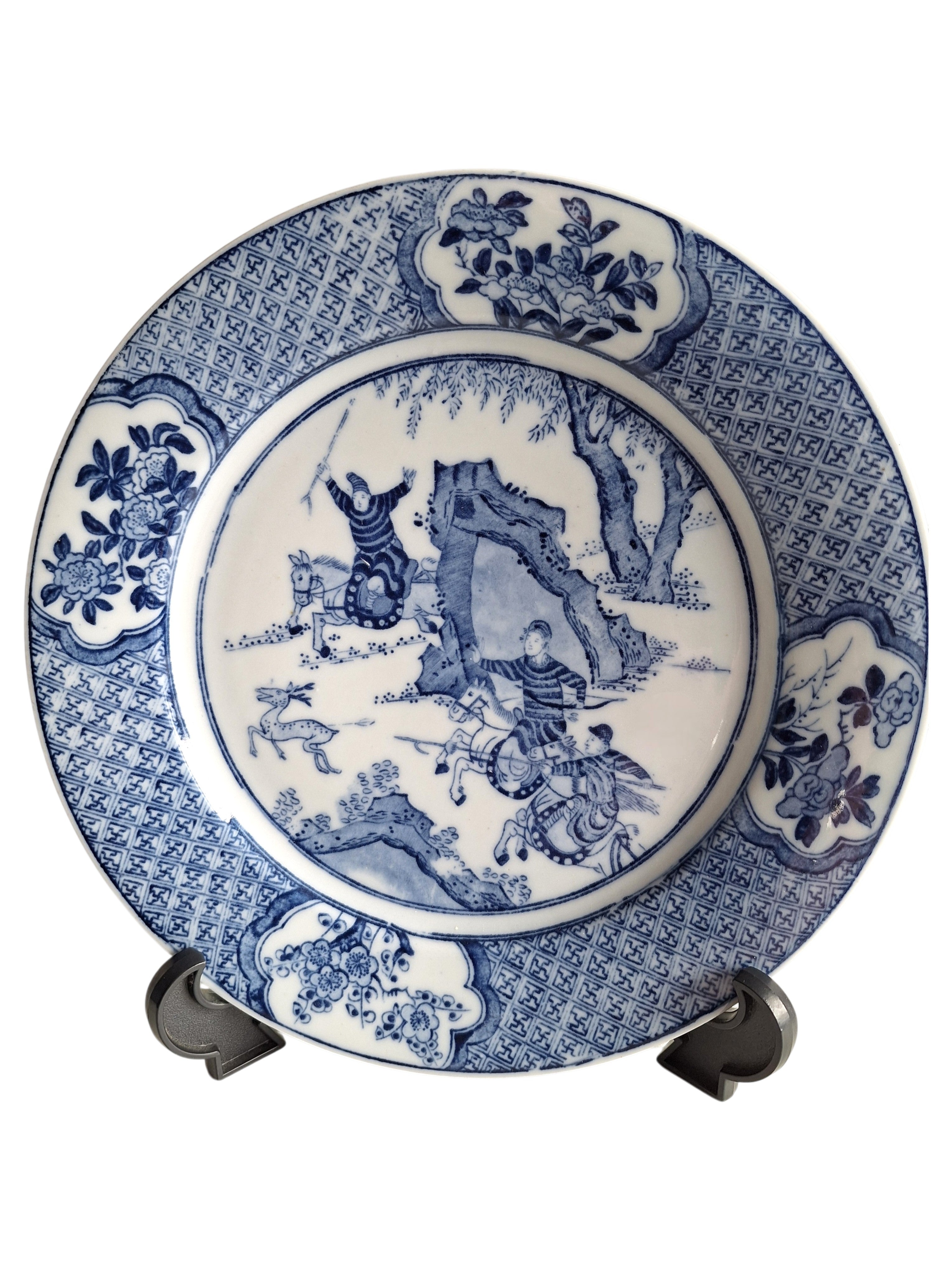 Antikes Petrus Regout Wandteller | Ming Chinoiserie Jagdszene | Blau-Weiß Ø 22,5 cm