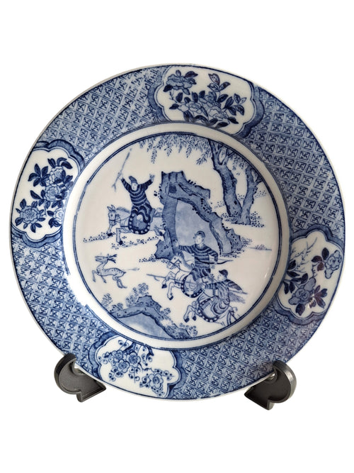 Antikes Petrus Regout Wandteller | Ming Chinoiserie Jagdszene | Blau-Weiß Ø 22,5 cm