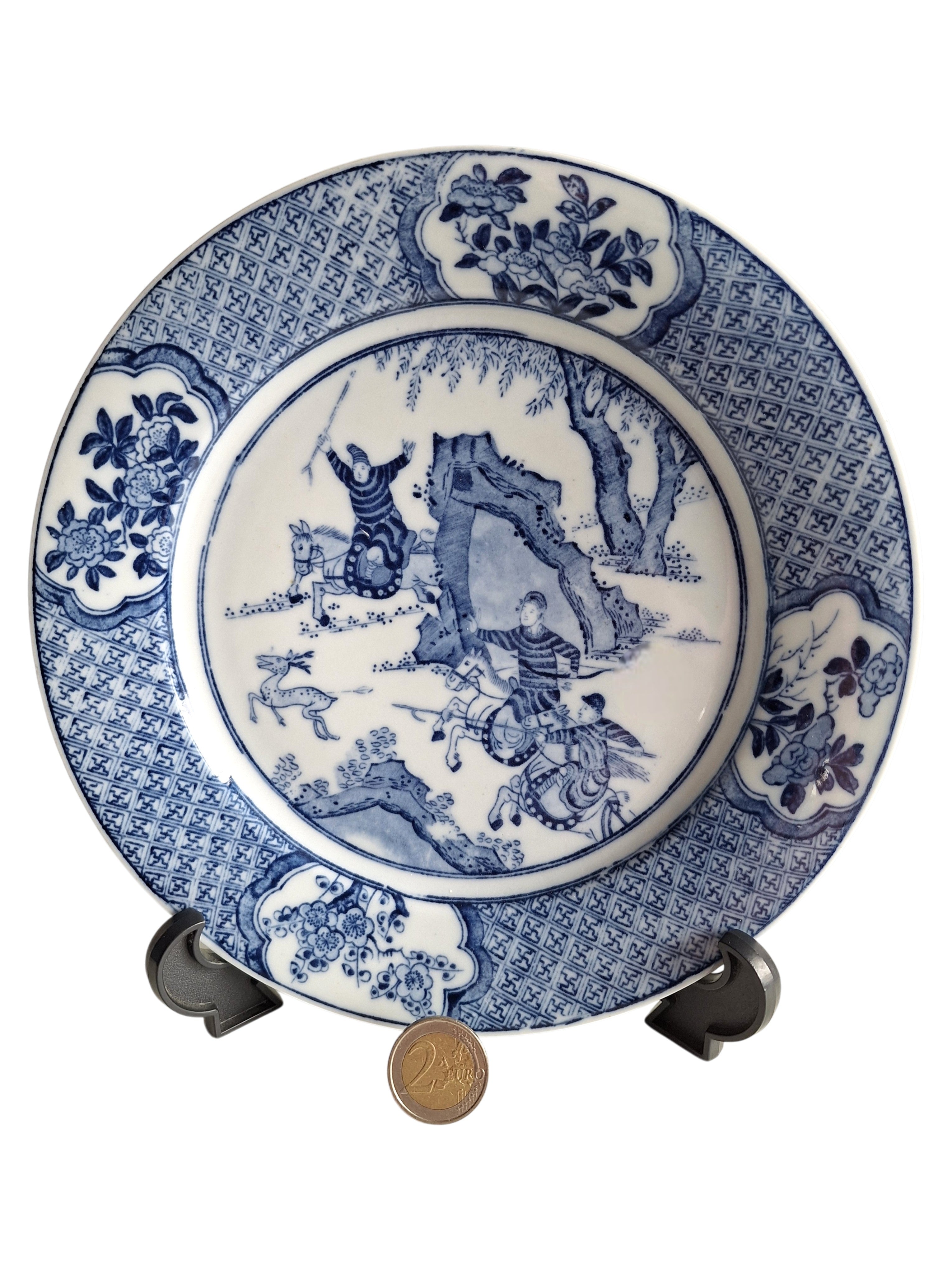 Antikes Petrus Regout Wandteller | Ming Chinoiserie Jagdszene | Blau-Weiß Ø 22,5 cm