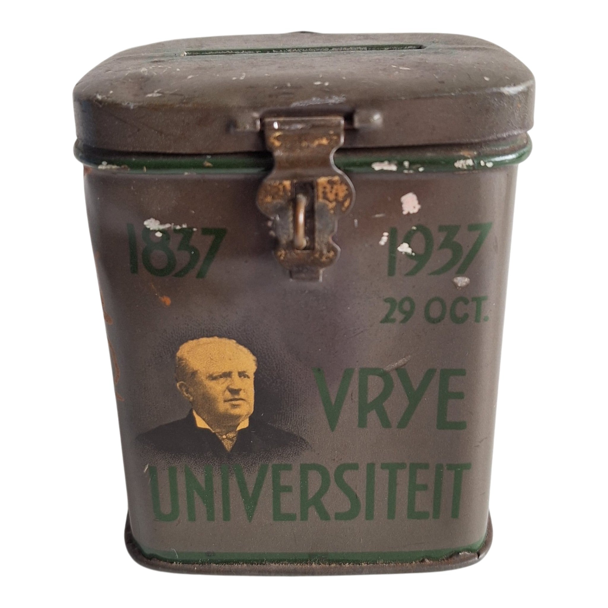 Metallene Spendendose Freie Universität Amsterdam 1937 — 100-jähriges Bestehen