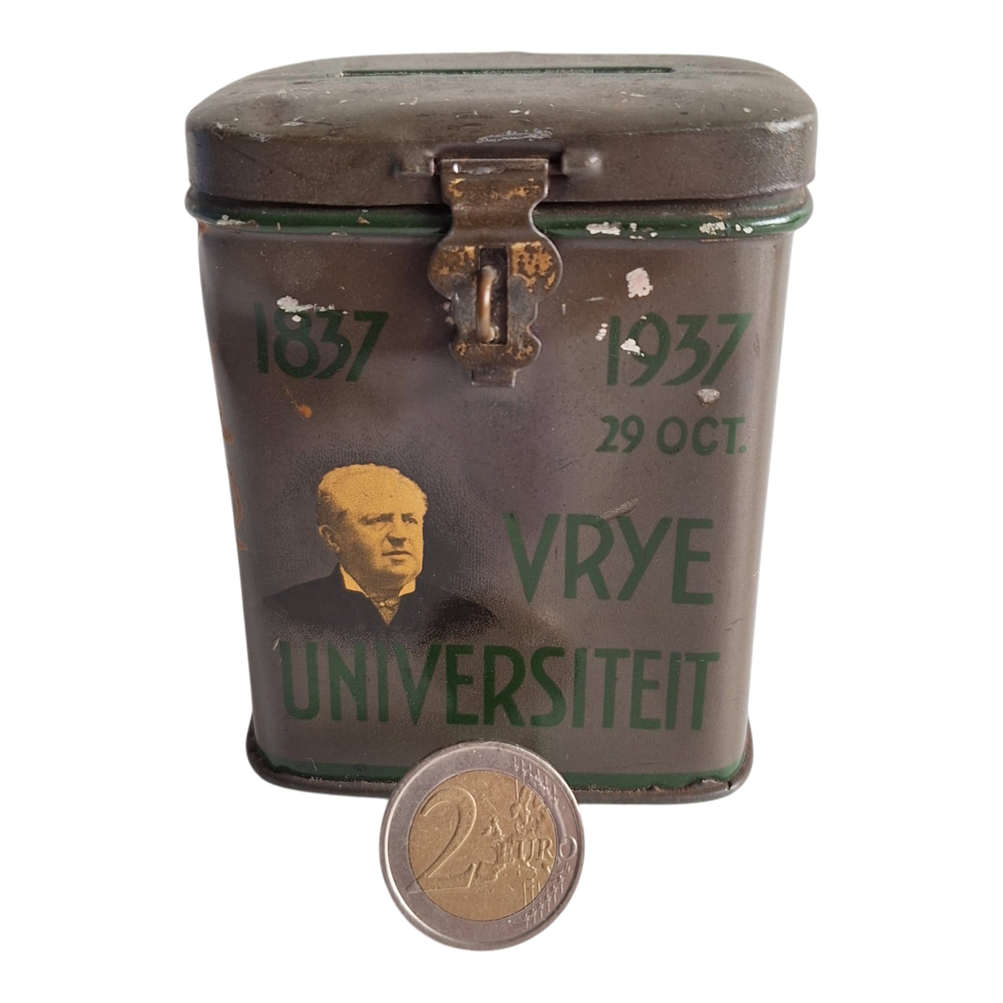 Metallene Spendendose Freie Universität Amsterdam 1937 — 100-jähriges Bestehen