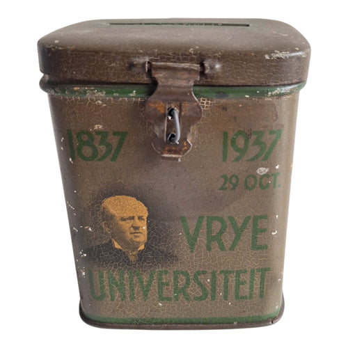 Metallene Spendendose Freie Universität Amsterdam 1937 — Beschädigtes Exemplar