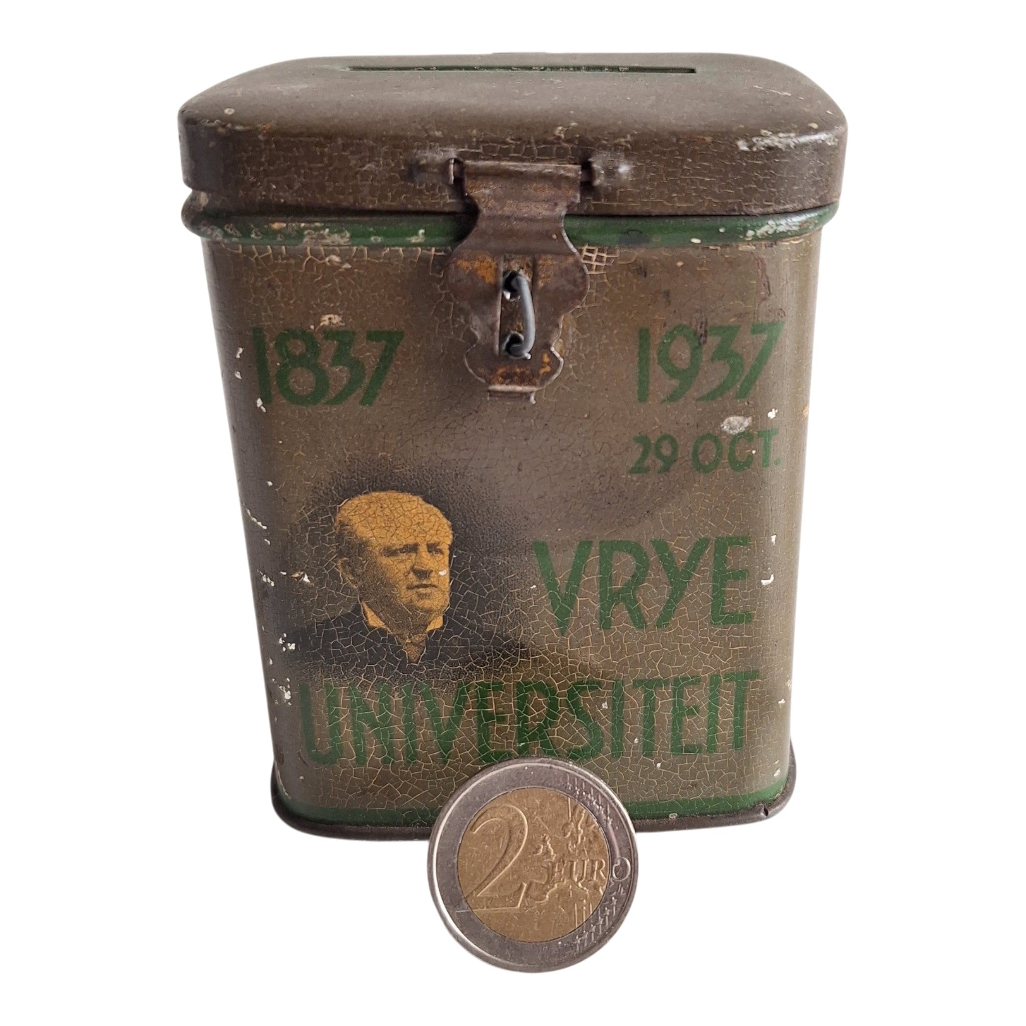 Metallene Spendendose Freie Universität Amsterdam 1937 — Beschädigtes Exemplar