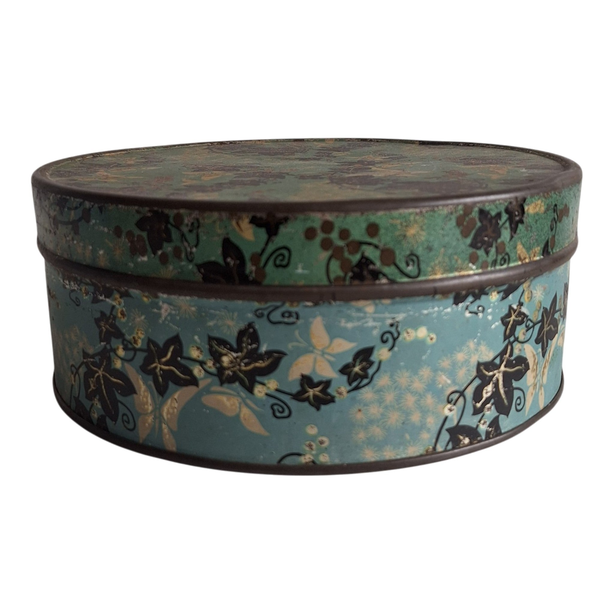 Runde blaue Dose mit Blattmotiv — Dekorative Retro-Vorratsdose