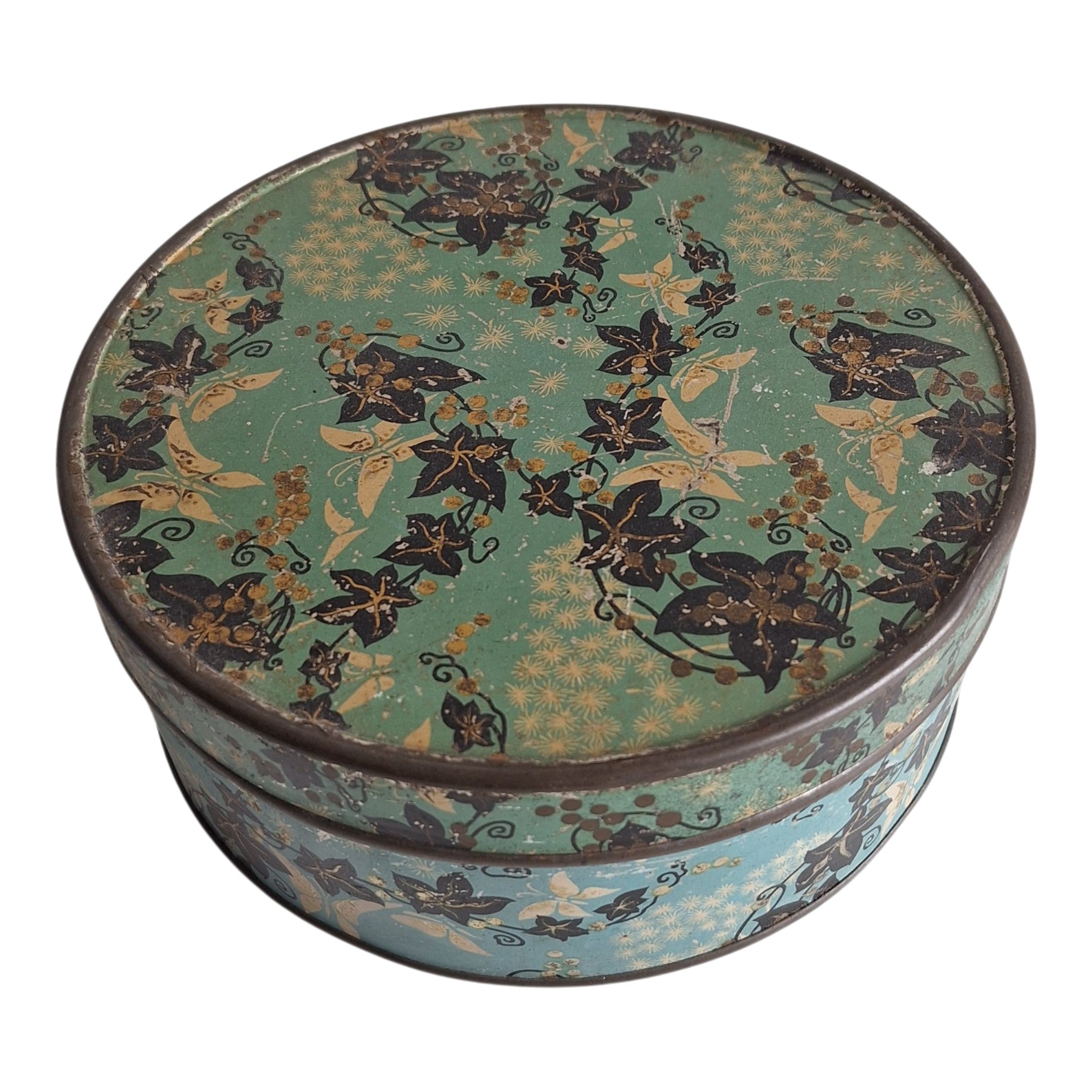 Runde blaue Dose mit Blattmotiv — Dekorative Retro-Vorratsdose