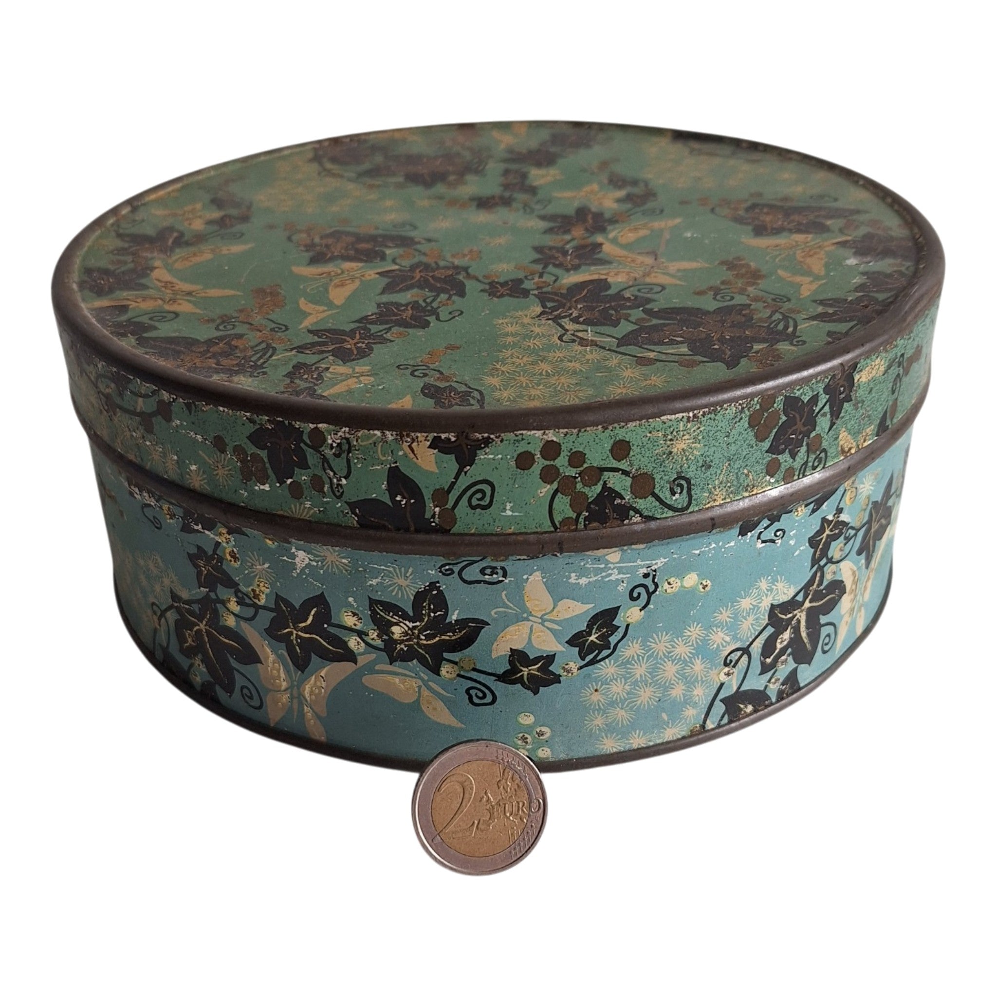 Runde blaue Dose mit Blattmotiv — Dekorative Retro-Vorratsdose