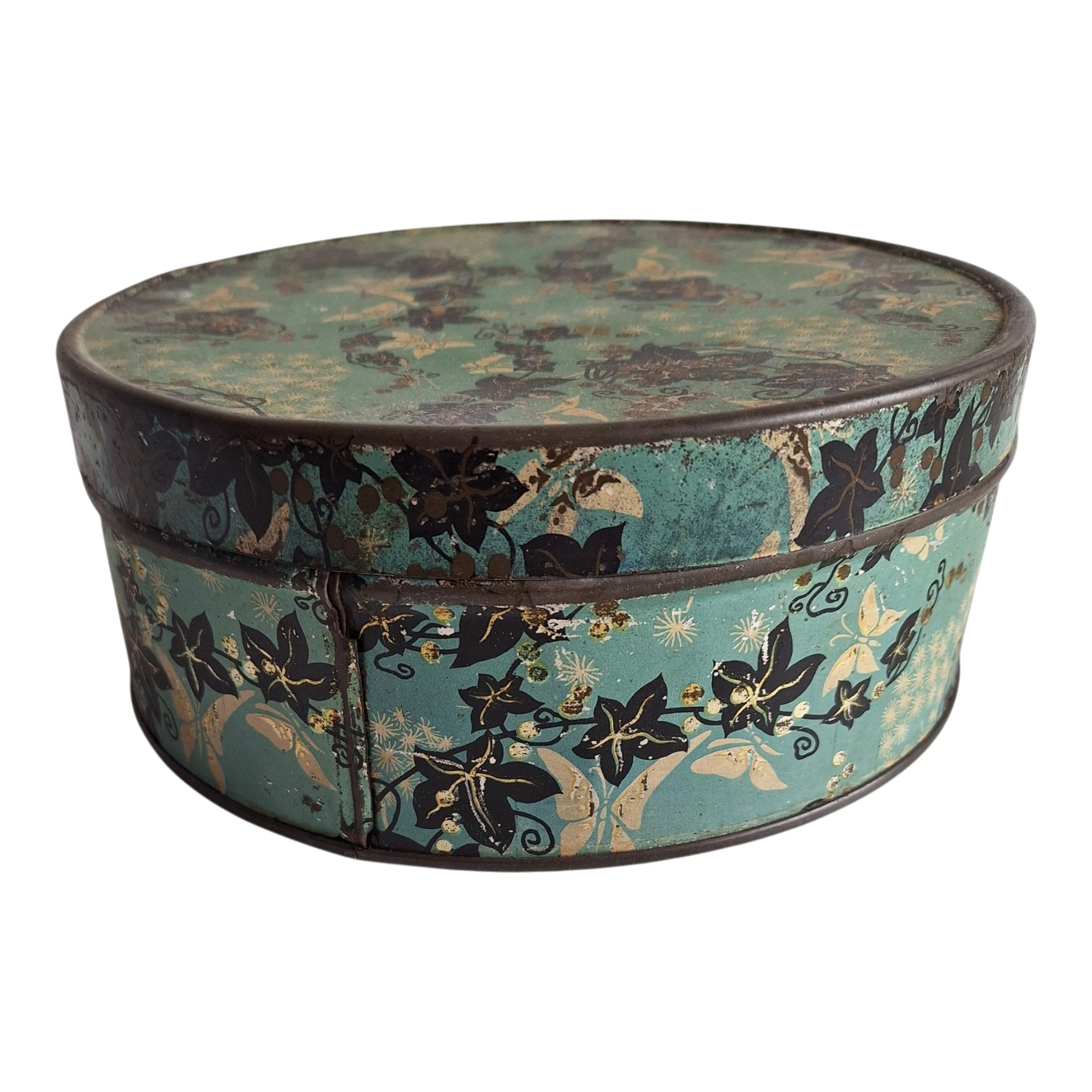 Runde blaue Dose mit Blattmotiv — Dekorative Retro-Vorratsdose