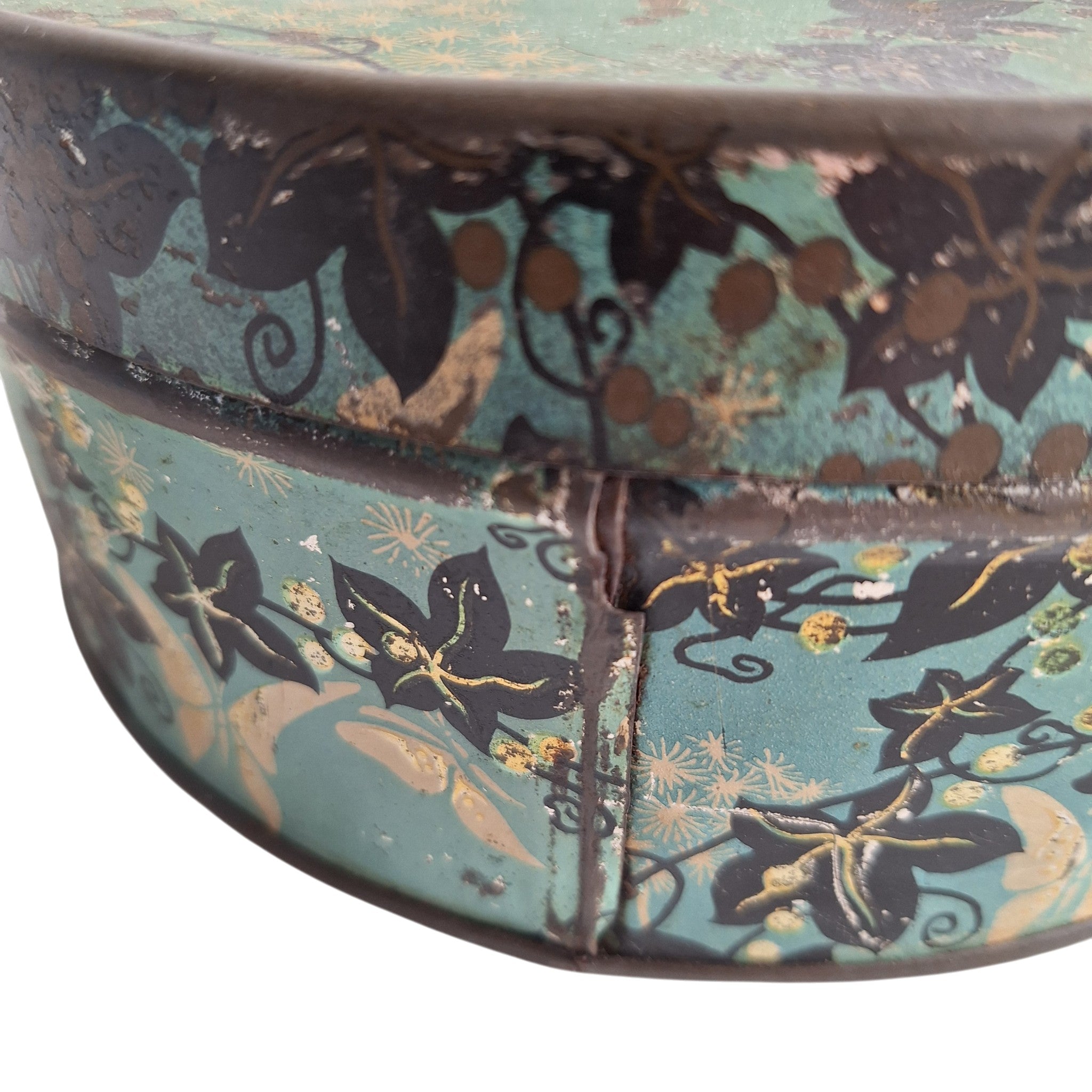 Runde blaue Dose mit Blattmotiv — Dekorative Retro-Vorratsdose