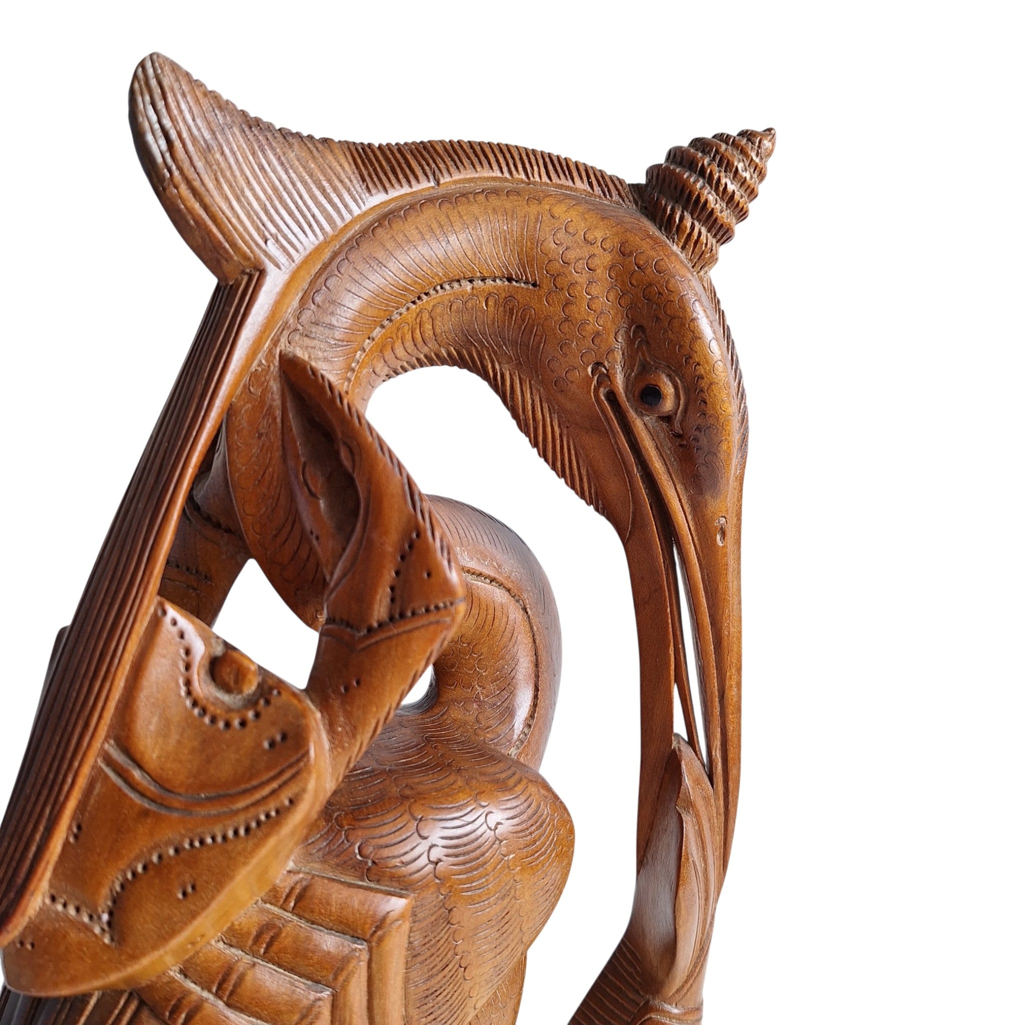 Reiher mit Garnele und Krabbe – Handgeschnitzte Holzstatue (36,5 cm)