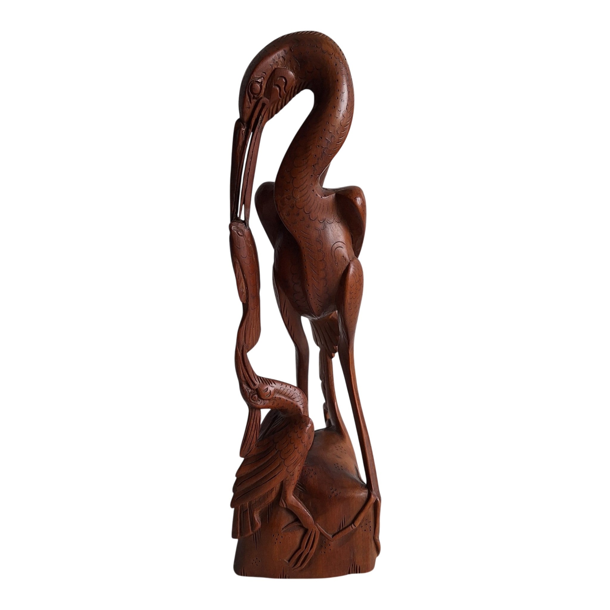 Reiher mit Jungtier – Balinesische handgeschnitzte Holzfigur (29,5 cm)