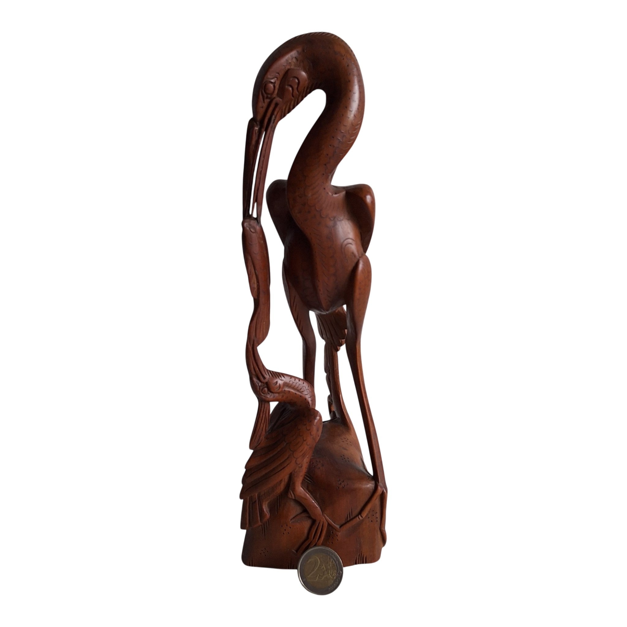 Reiher mit Jungtier – Balinesische handgeschnitzte Holzfigur (29,5 cm)